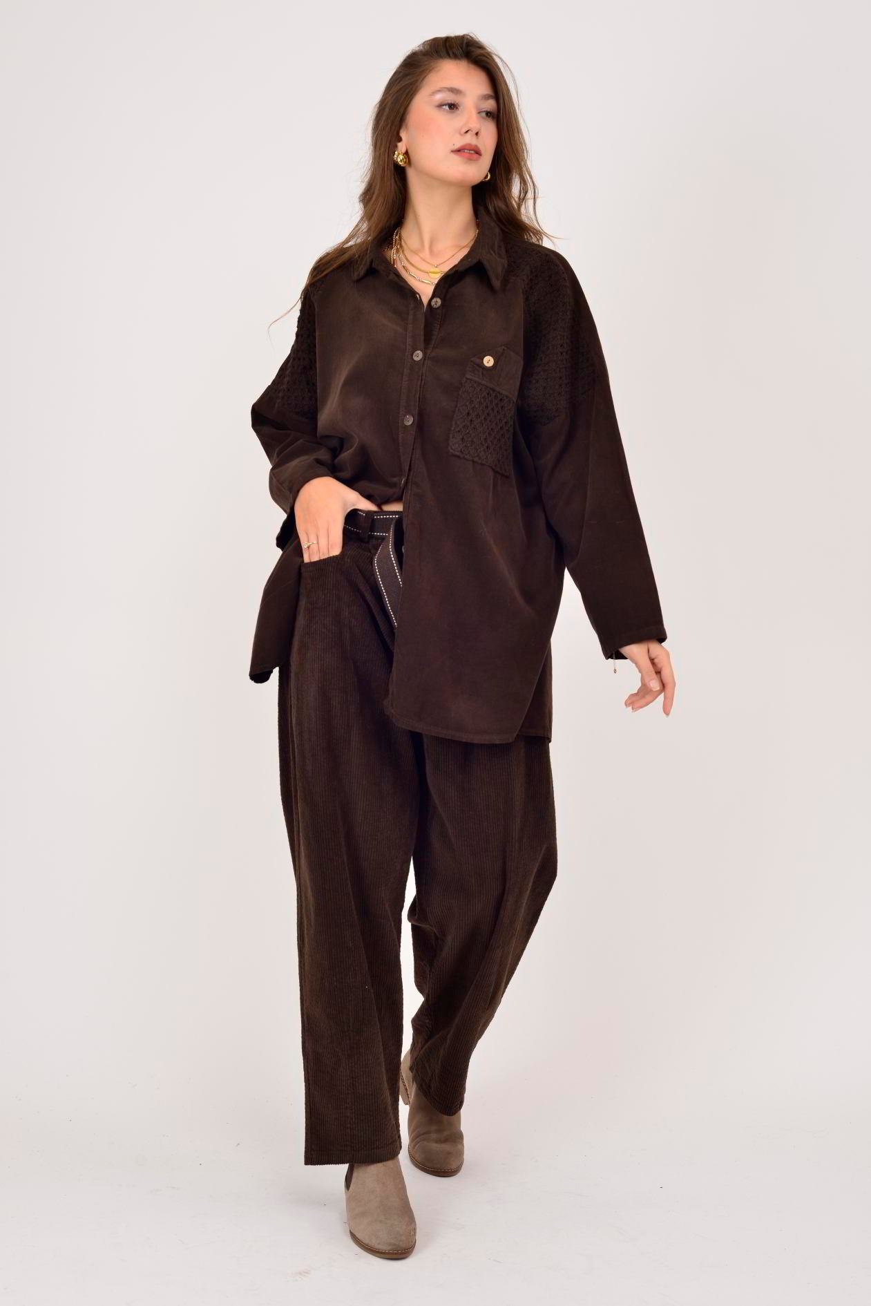 11439 LOVA FİSTO DETAYLI FİTİLLİ KADİFE GÖMLEK