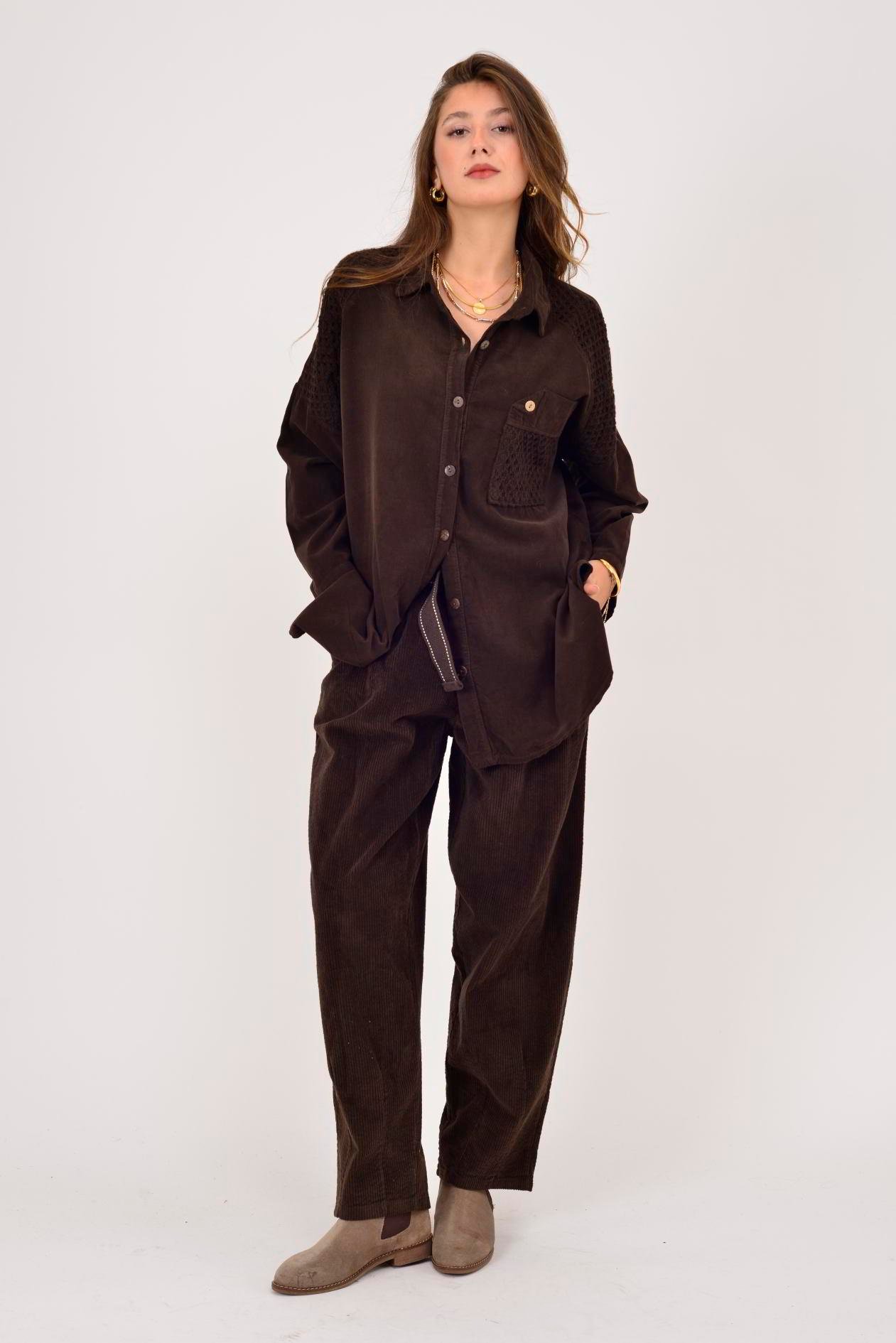 11439 LOVA FİSTO DETAYLI FİTİLLİ KADİFE GÖMLEK