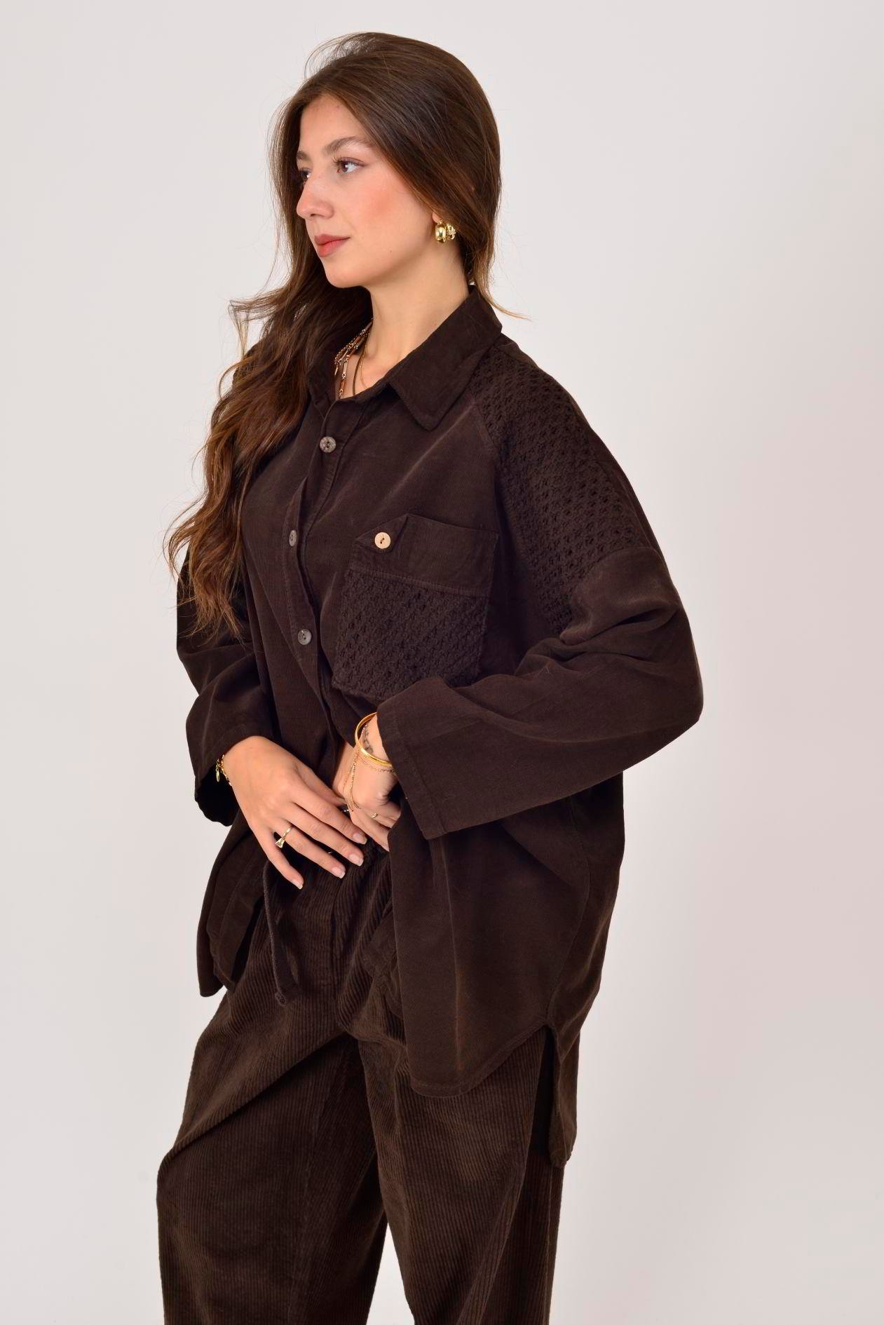 11439 LOVA FİSTO DETAYLI FİTİLLİ KADİFE GÖMLEK