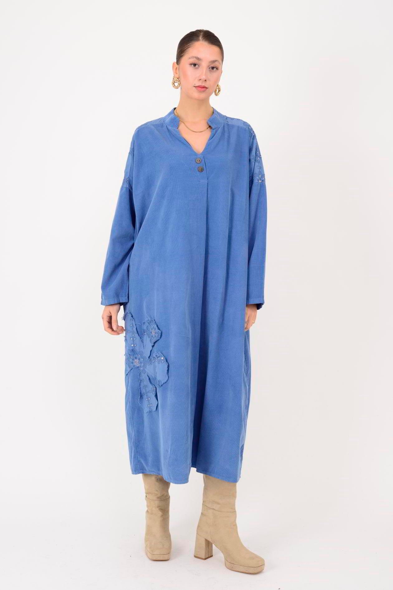 11444 LOVA ÇİÇEK KABARTMALI PUL DETAYLI FİTİLLİ KADİFE ELBİSE