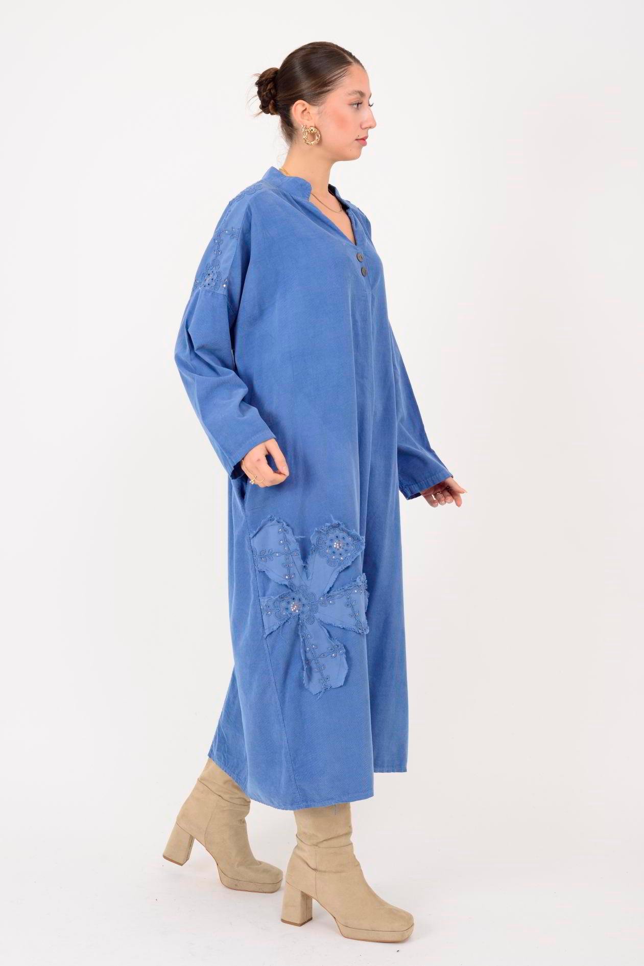 11444 LOVA ÇİÇEK KABARTMALI PUL DETAYLI FİTİLLİ KADİFE ELBİSE