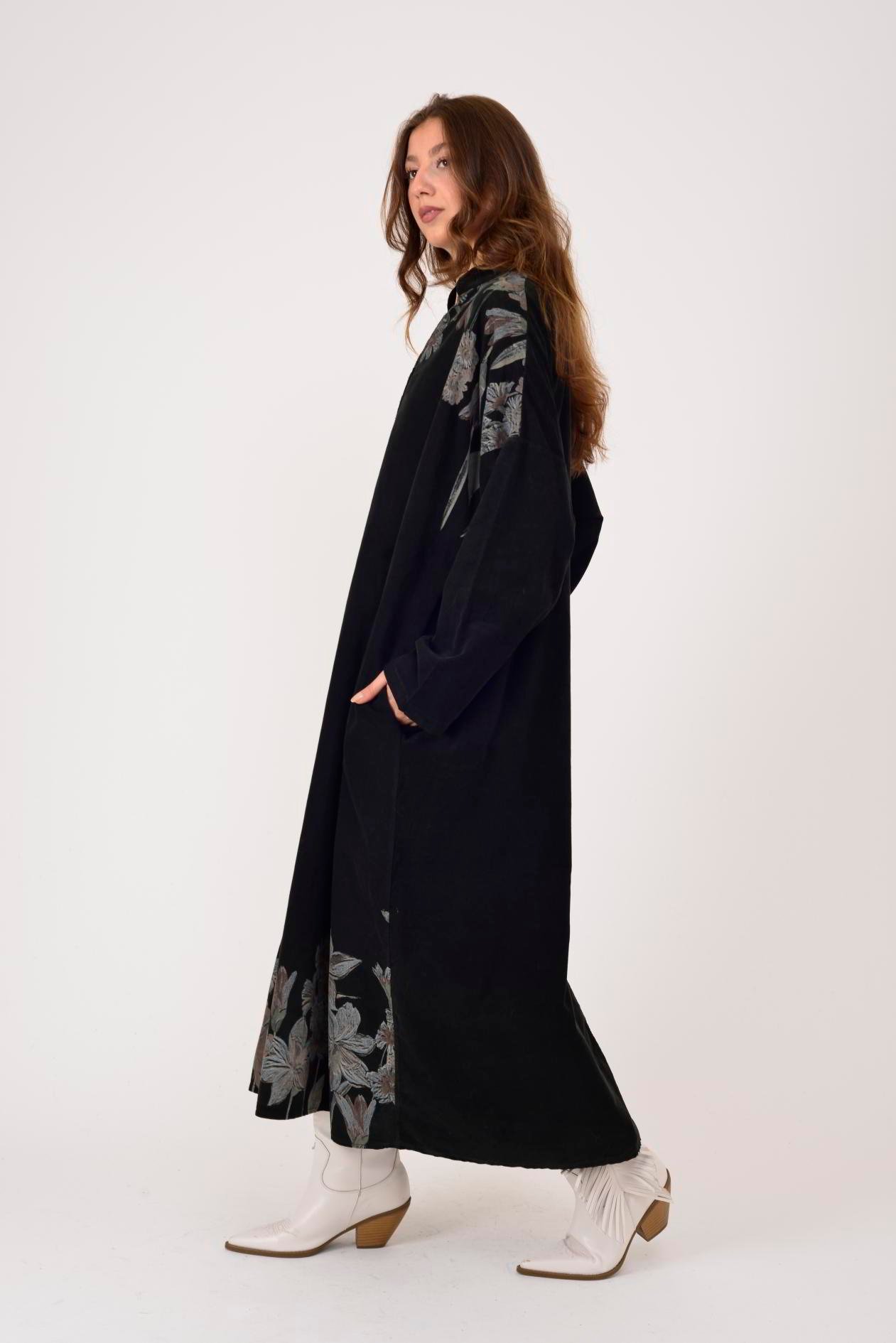 11477 LOVA ÇİÇEK DESEN FİTİLLİ KADİFE ELBİSE