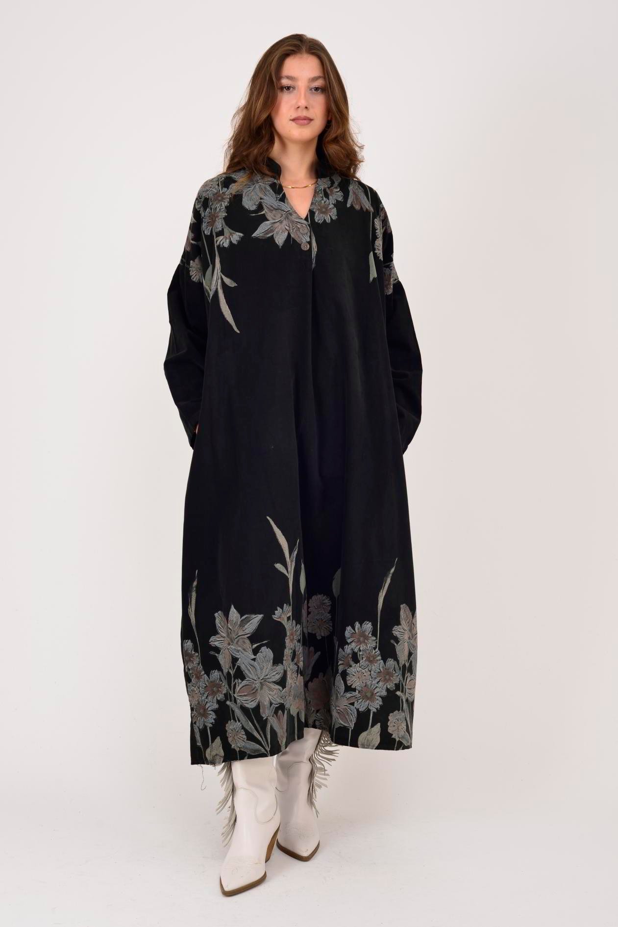 11477 LOVA ÇİÇEK DESEN FİTİLLİ KADİFE ELBİSE