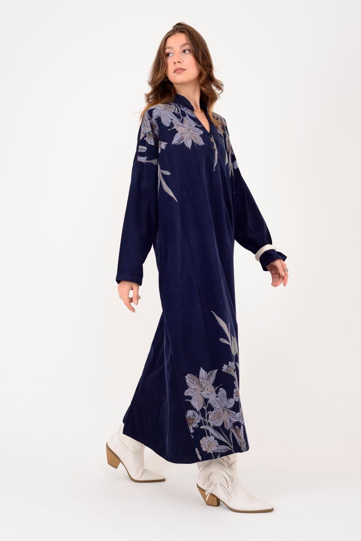 11477 LOVA ÇİÇEK DESEN FİTİLLİ KADİFE ELBİSE