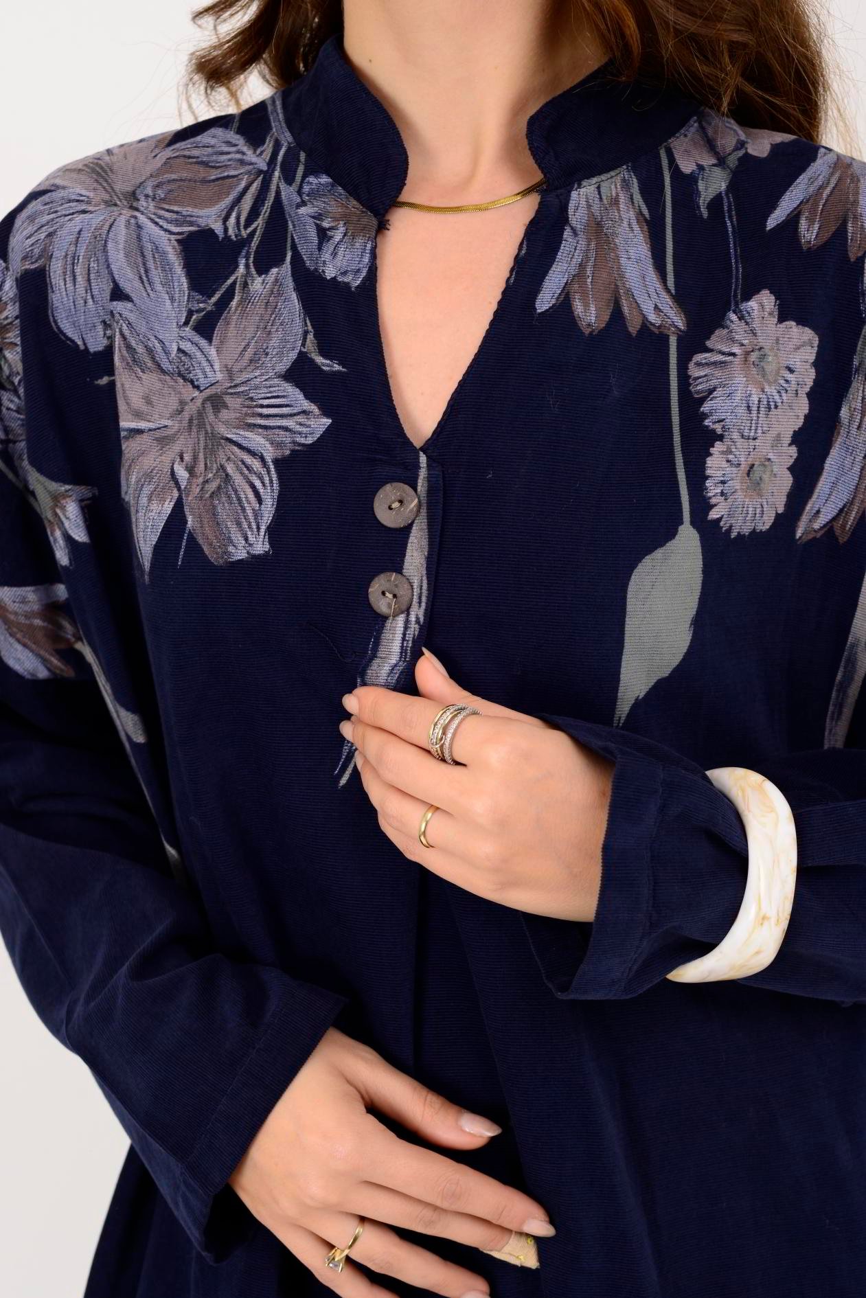 11477 LOVA ÇİÇEK DESEN FİTİLLİ KADİFE ELBİSE