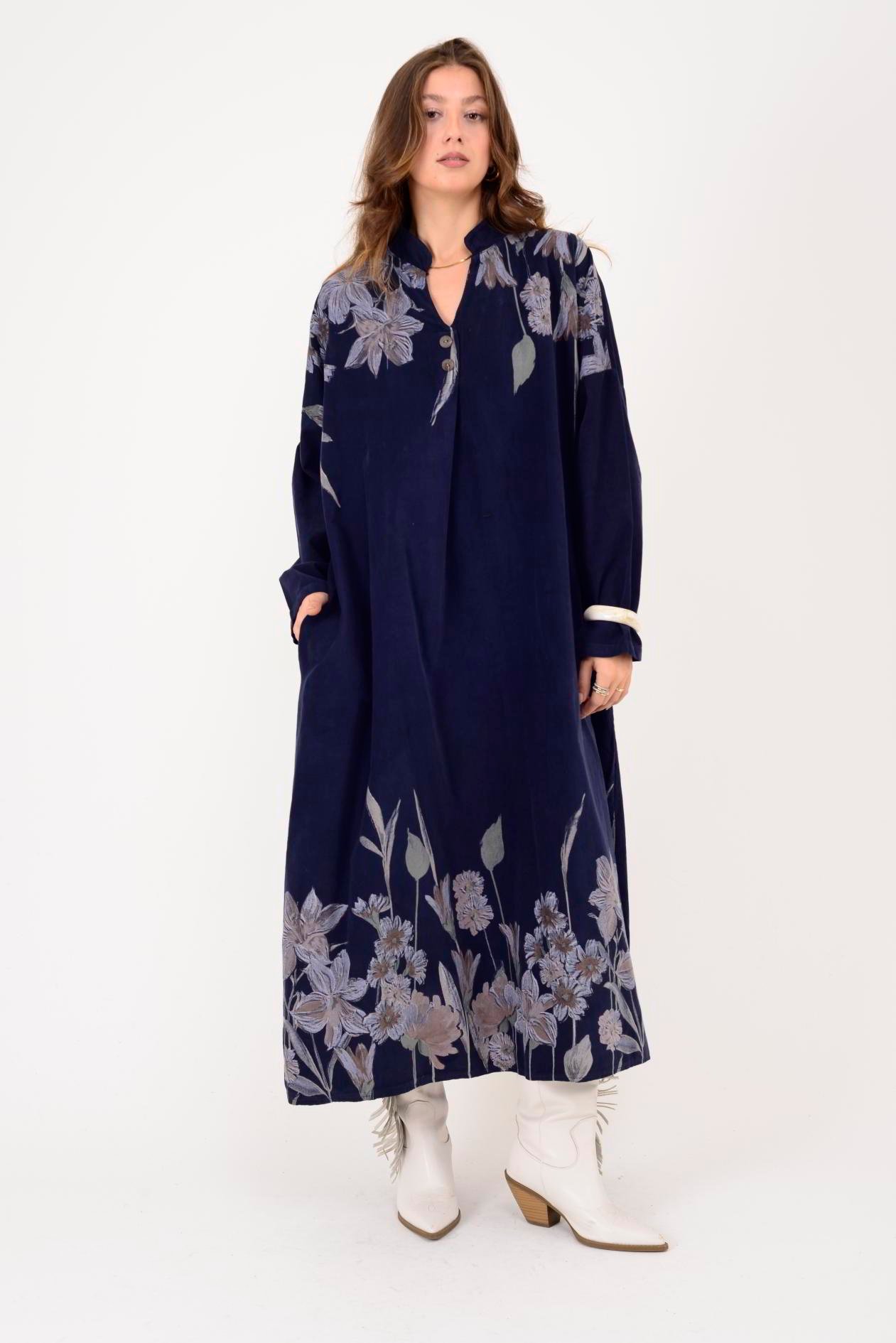 11477 LOVA ÇİÇEK DESEN FİTİLLİ KADİFE ELBİSE