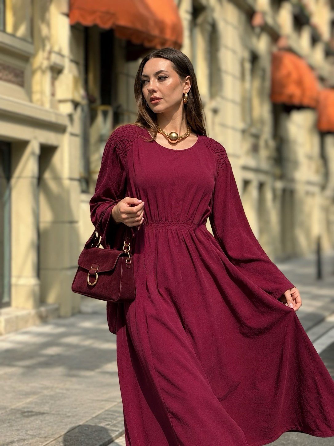 11925 LOVA AJUR DETAYLI FİTİLLİ KADİFE ELBİSE