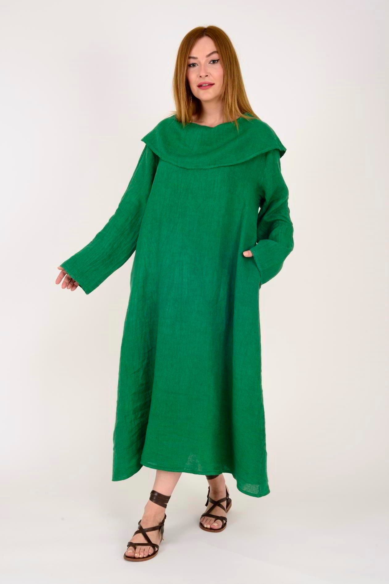 12111 KAMLERAN ŞAL YAKA KETEN ELBİSE