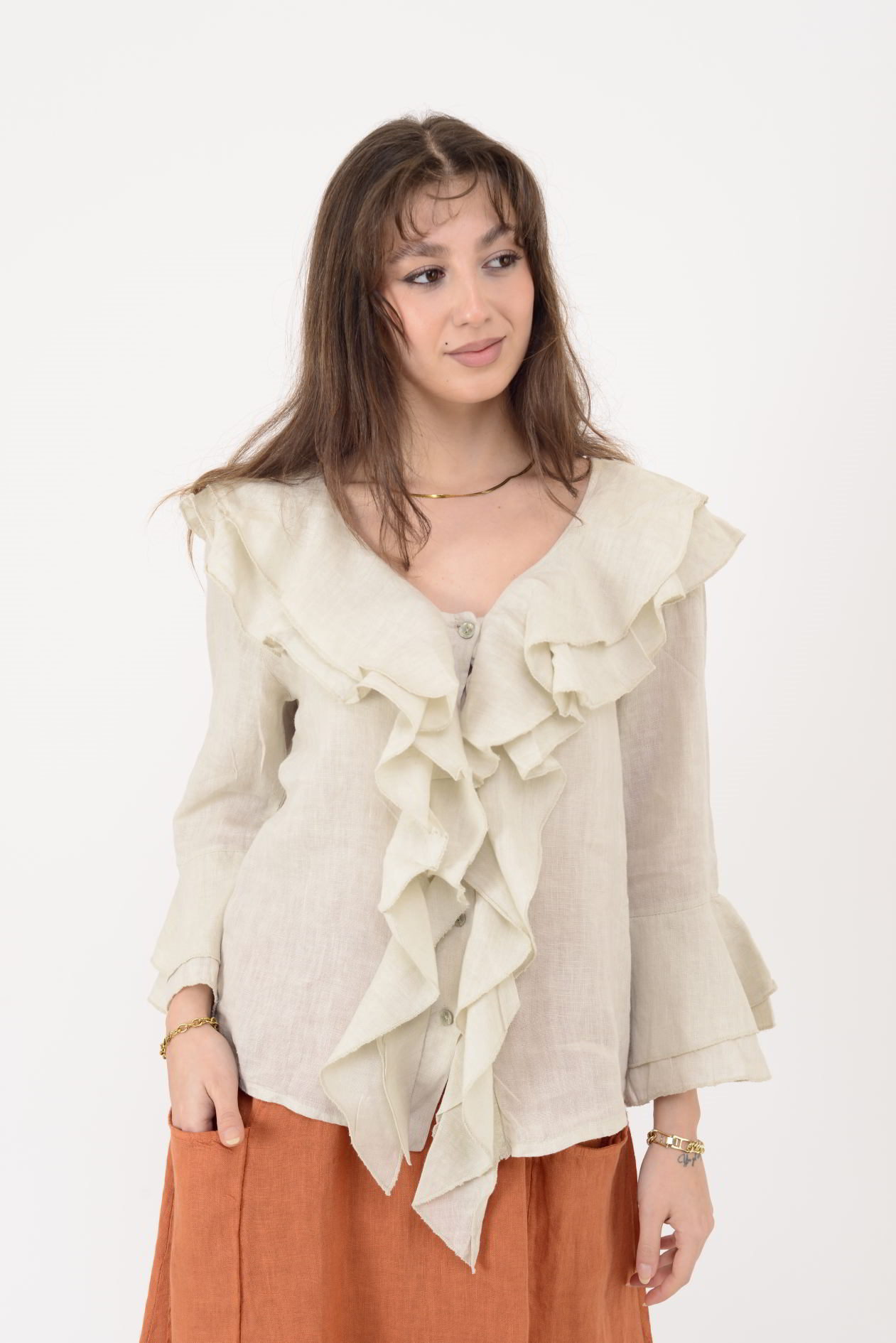 12186 COSTELLO FIRFIR DETAYLI KETEN BLUZ