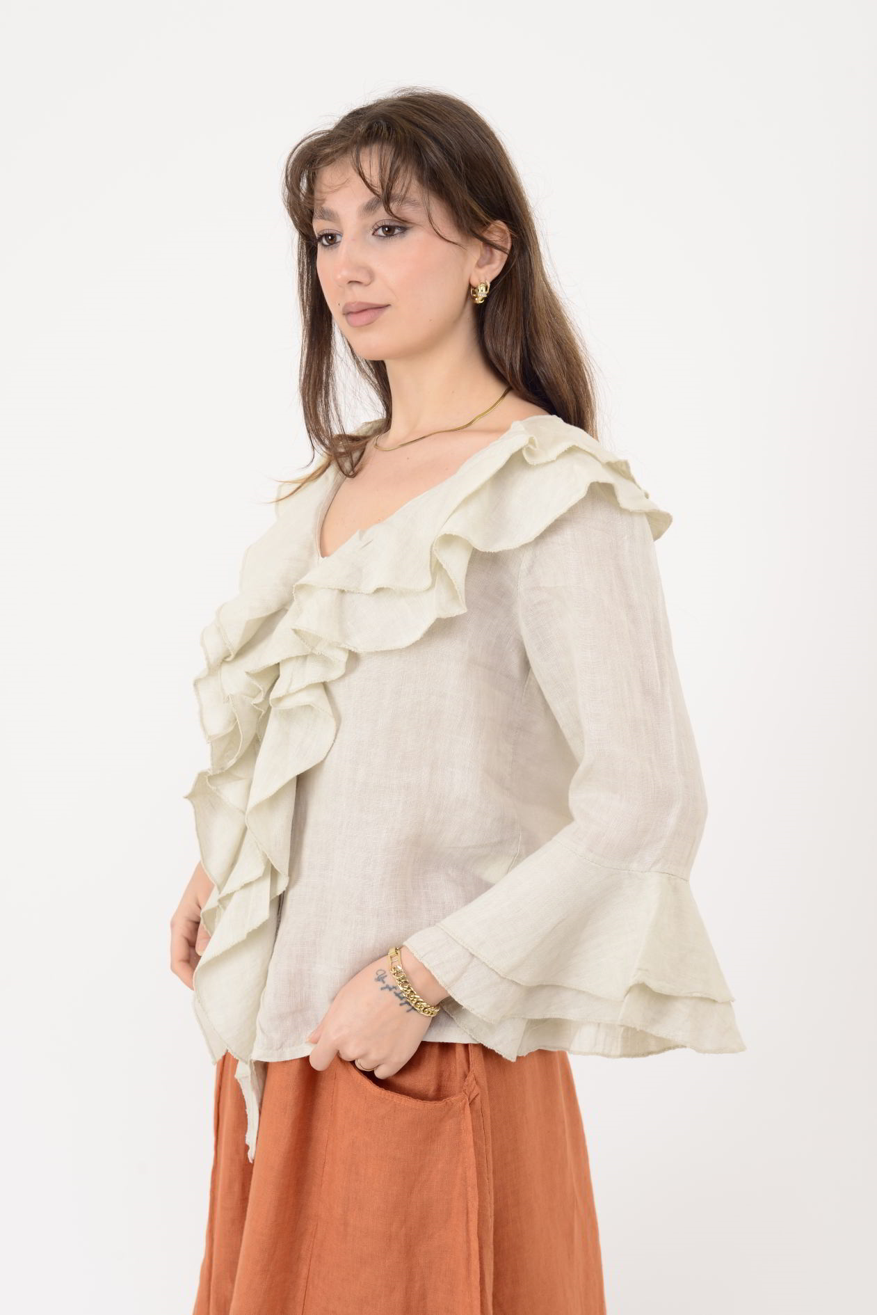 12186 COSTELLO FIRFIR DETAYLI KETEN BLUZ