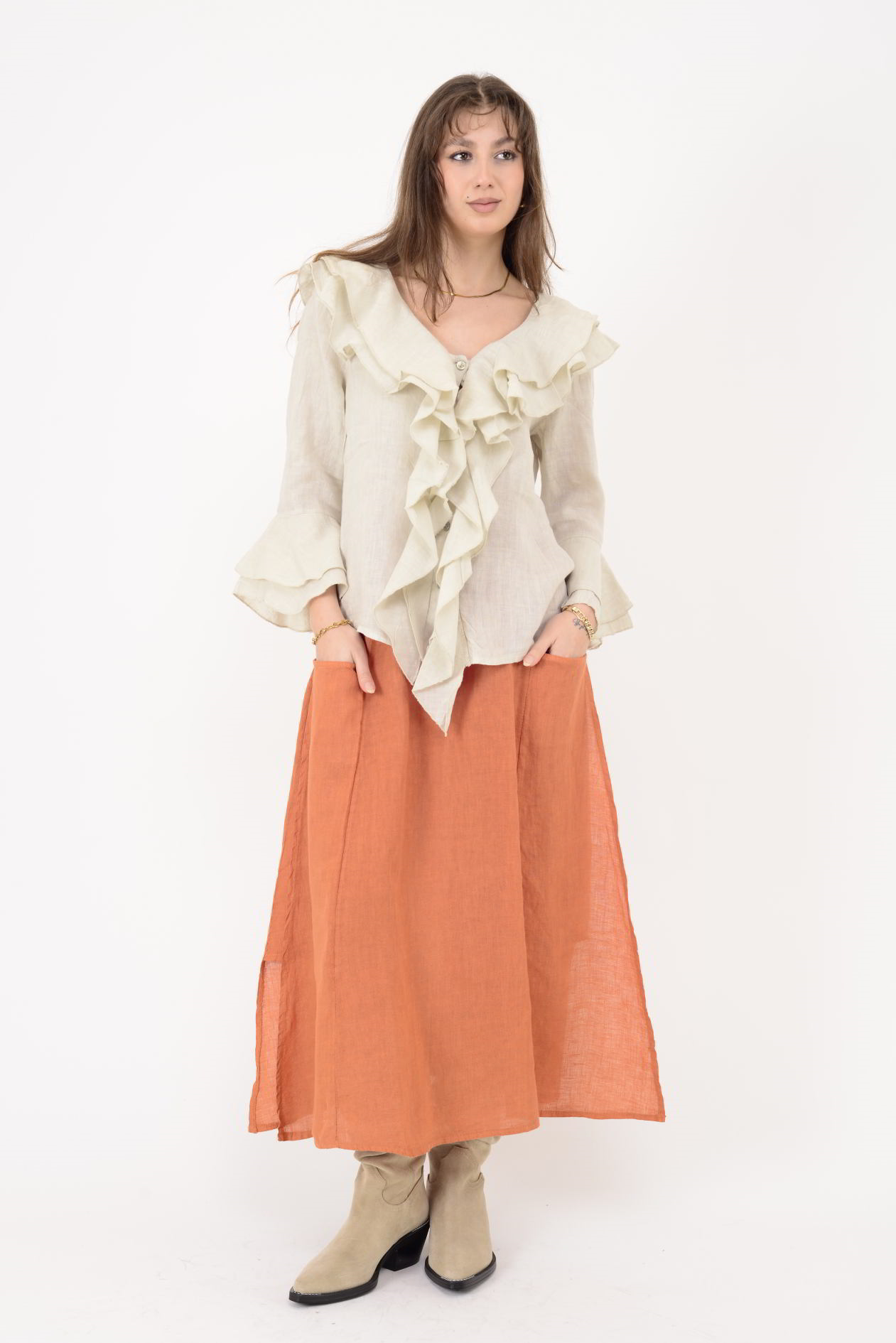 12186 COSTELLO FIRFIR DETAYLI KETEN BLUZ