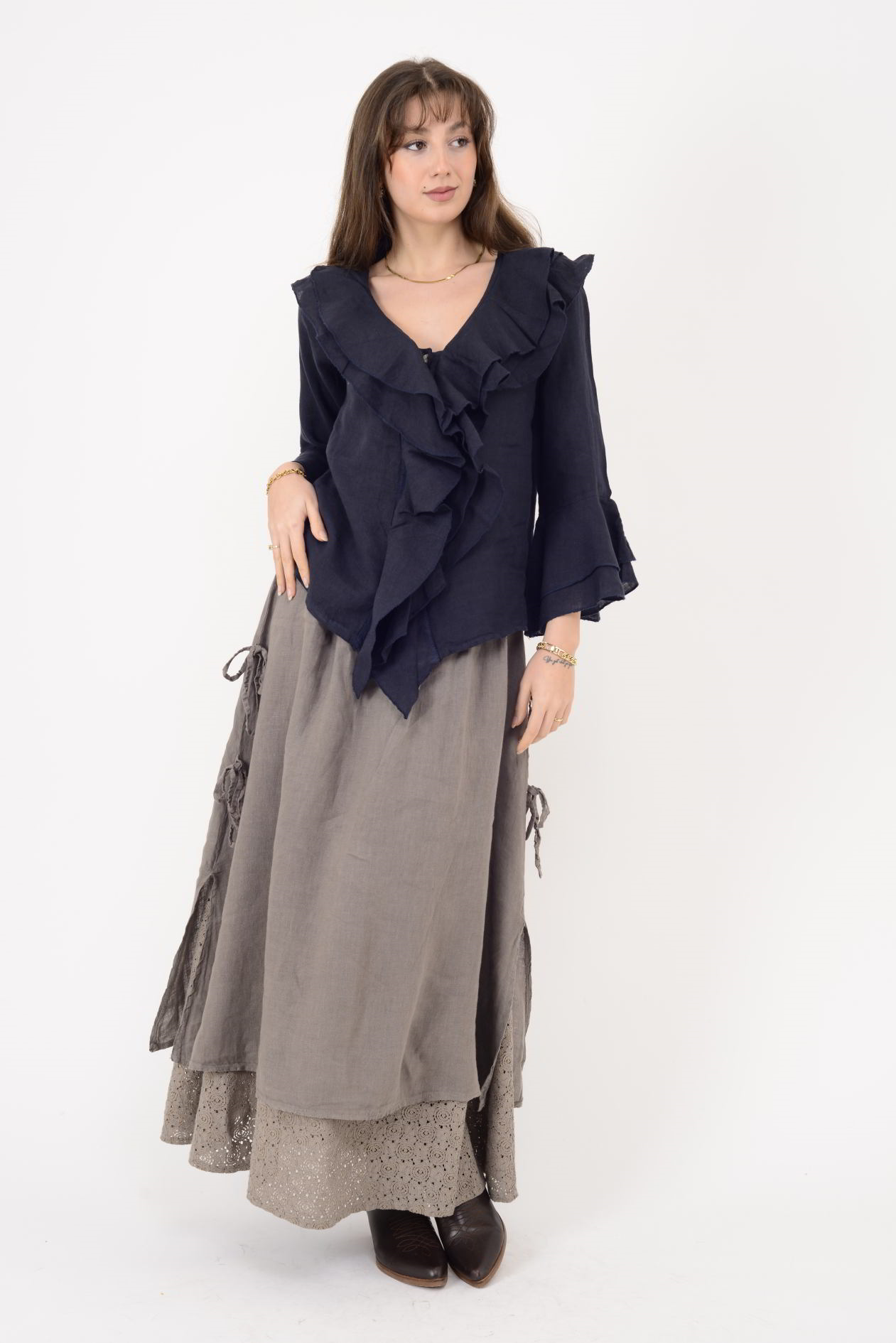 12186 COSTELLO FIRFIR DETAYLI KETEN BLUZ