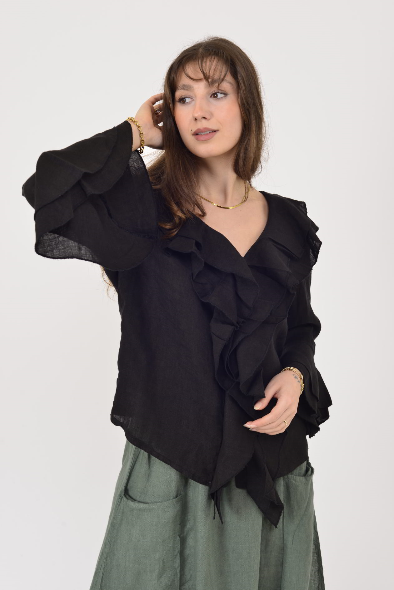 12186 COSTELLO FIRFIR DETAYLI KETEN BLUZ