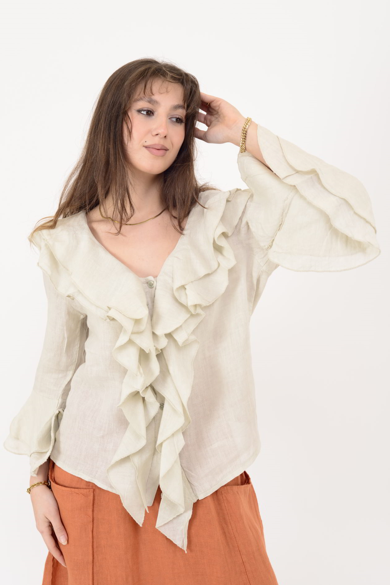 12186 COSTELLO FIRFIR DETAYLI KETEN BLUZ