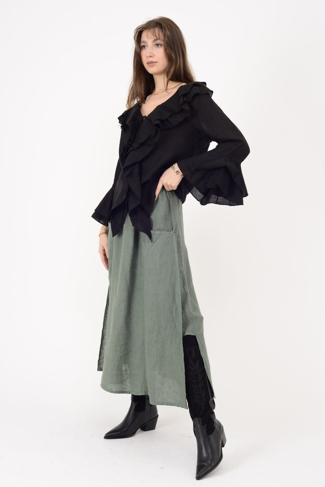 12186 COSTELLO FIRFIR DETAYLI KETEN BLUZ