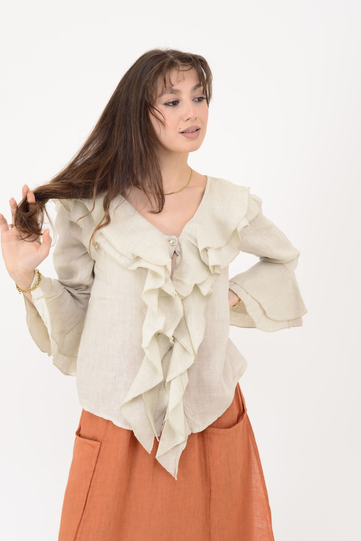 12186 COSTELLO FIRFIR DETAYLI KETEN BLUZ