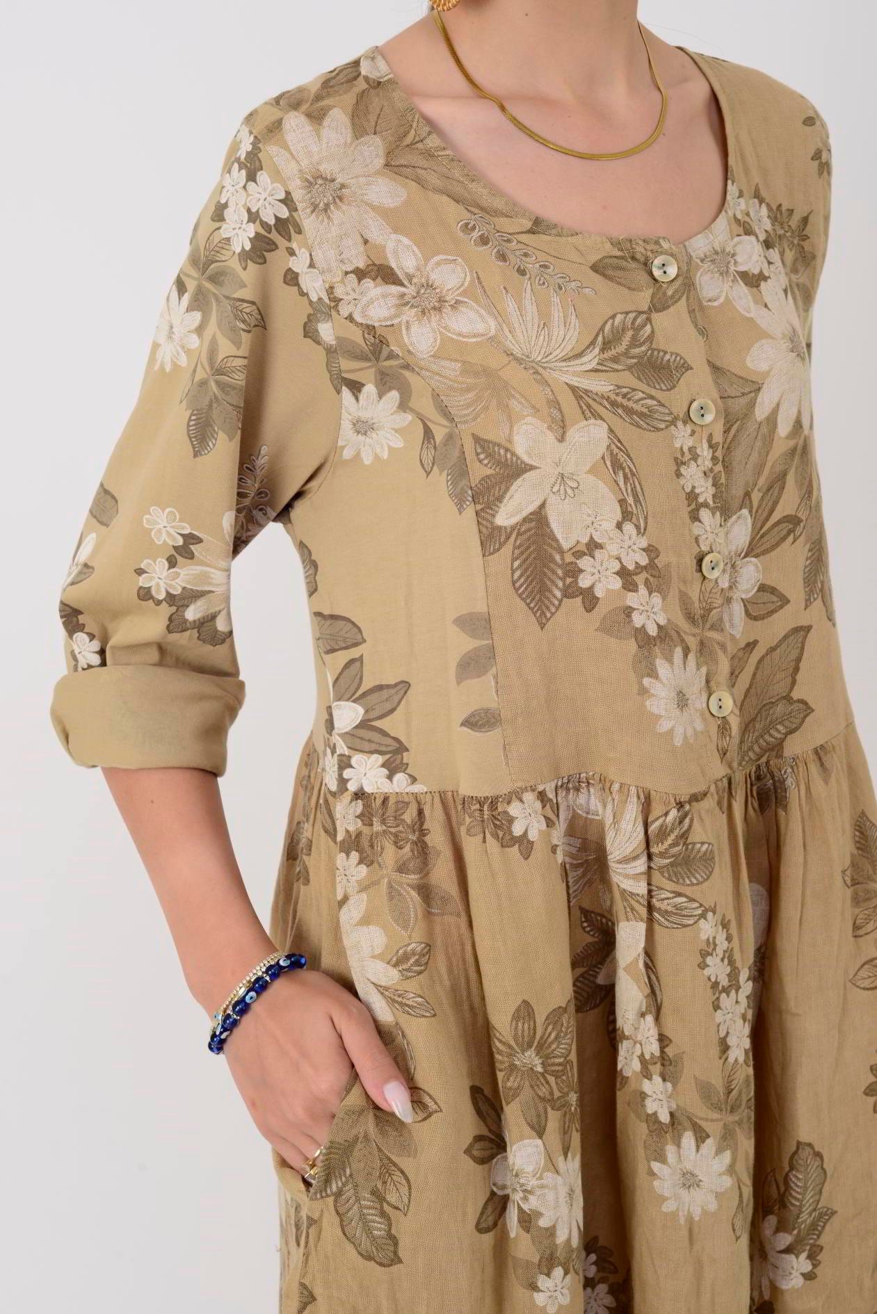 1283 LOVA BAHAR DESEN DÜĞMELİ KETEN ELBİSE