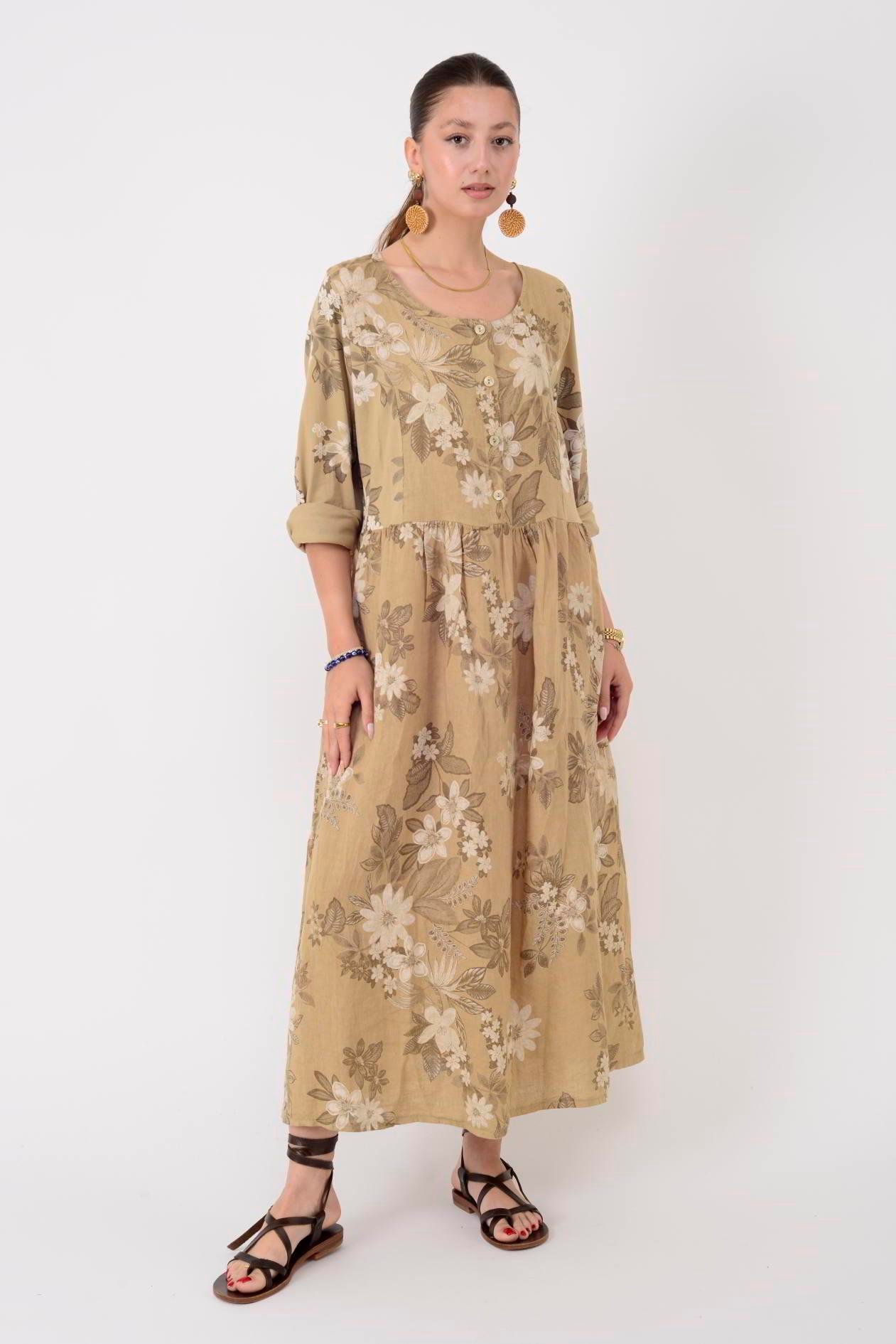 1283 LOVA BAHAR DESEN DÜĞMELİ KETEN ELBİSE