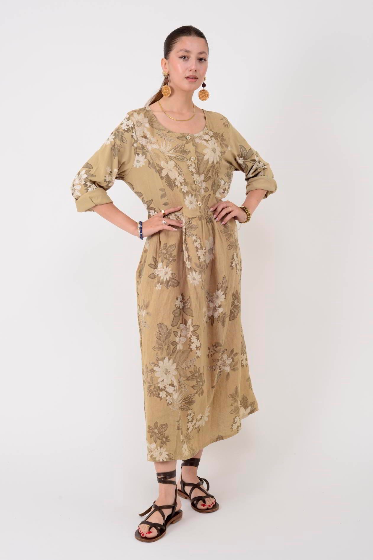 1283 LOVA BAHAR DESEN DÜĞMELİ KETEN ELBİSE