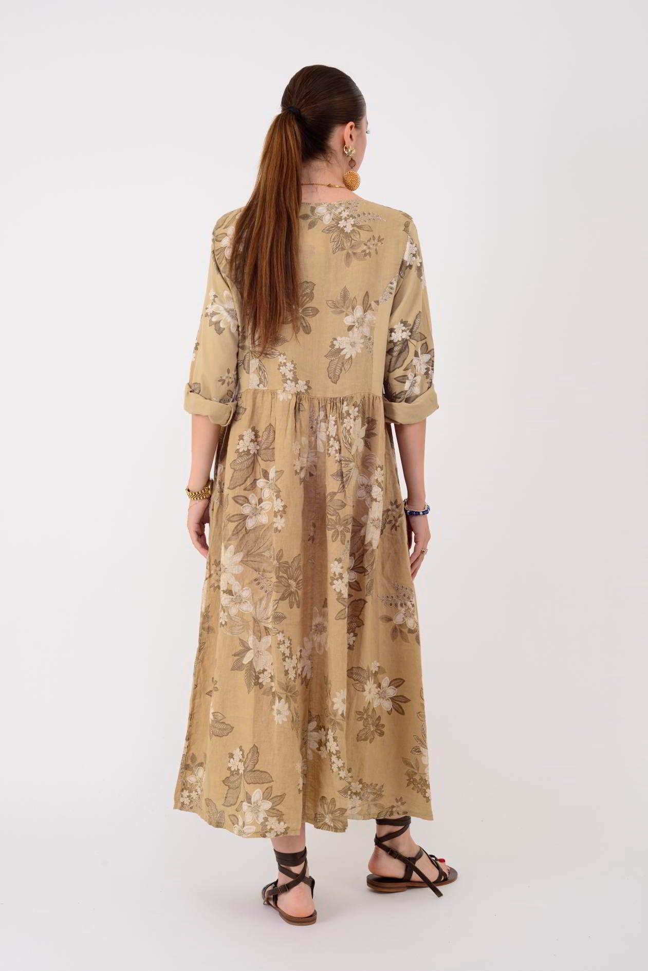 1283 LOVA BAHAR DESEN DÜĞMELİ KETEN ELBİSE