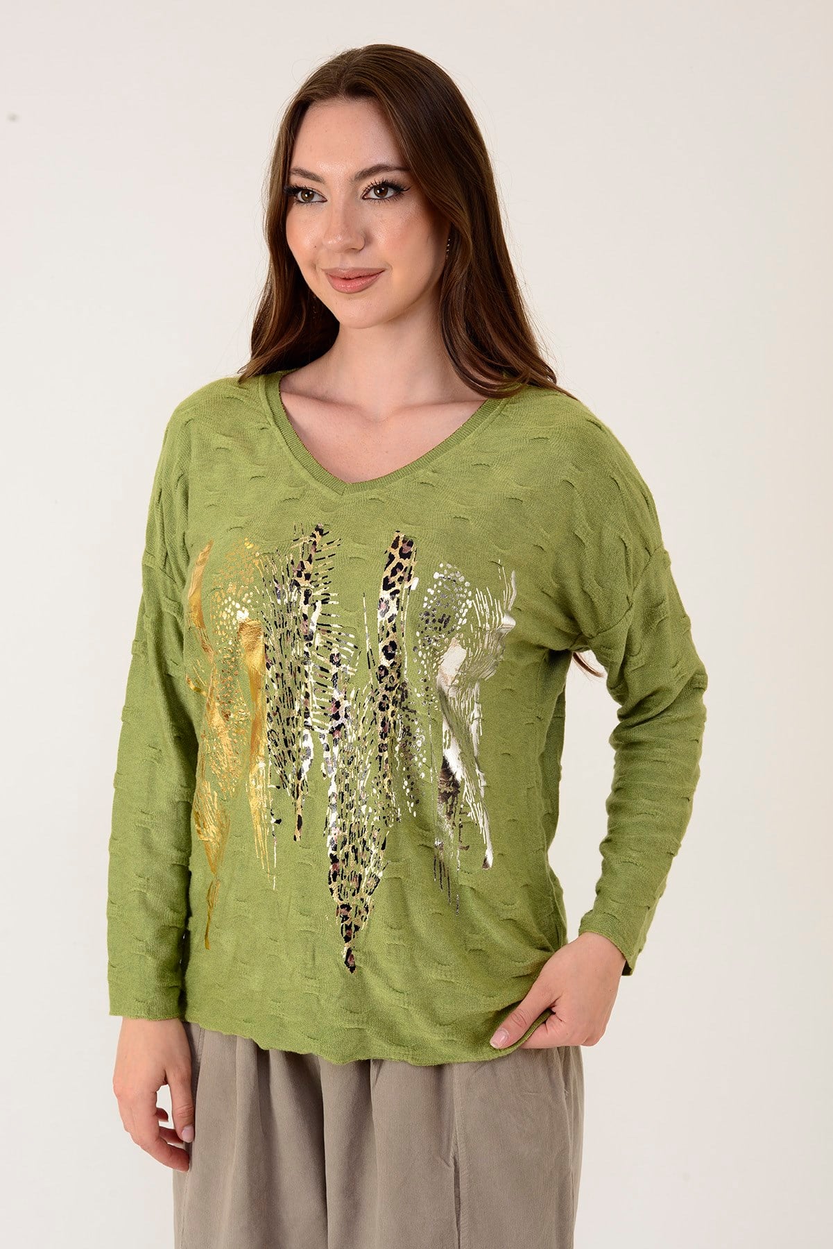 12911 YALDIZLI LEOPAR DESEN TRİKO BLUZ