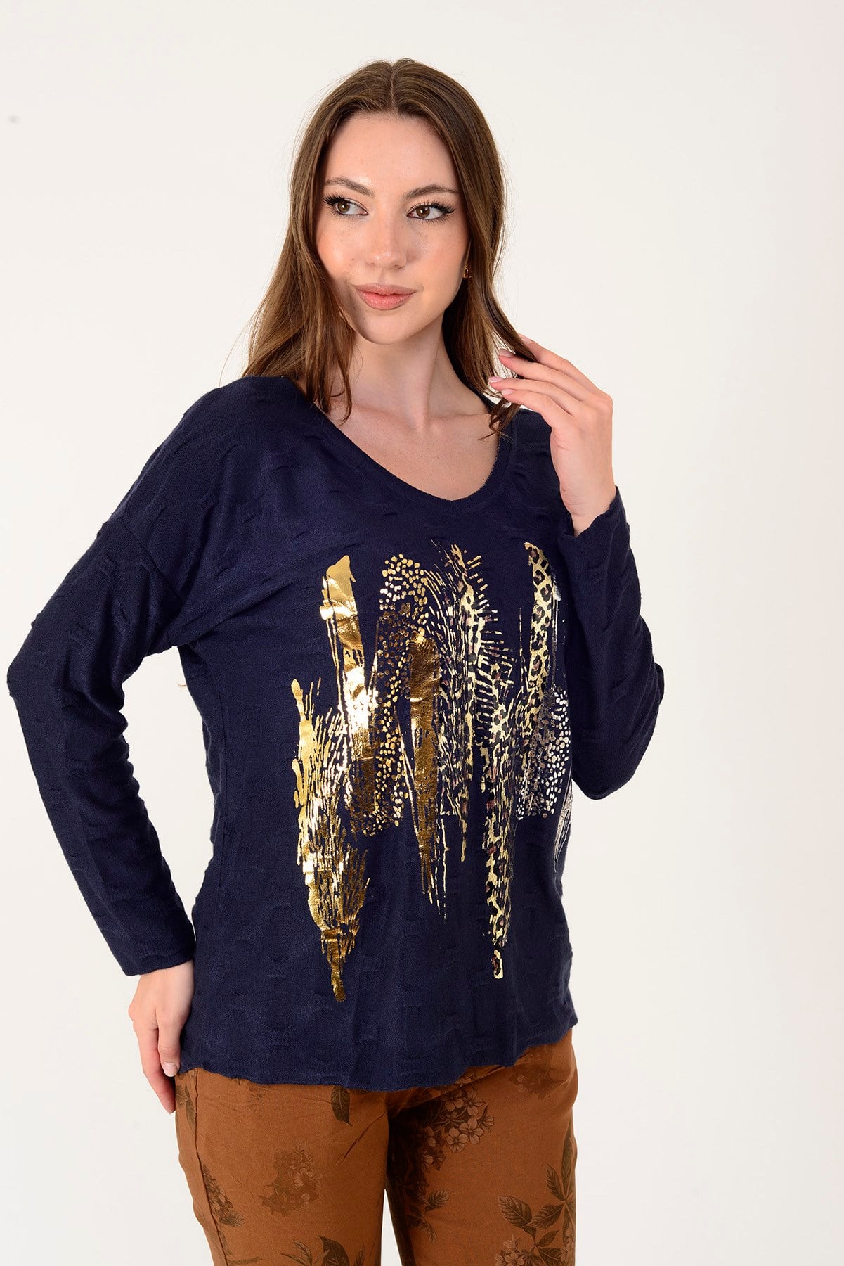 12911 YALDIZLI LEOPAR DESEN TRİKO BLUZ