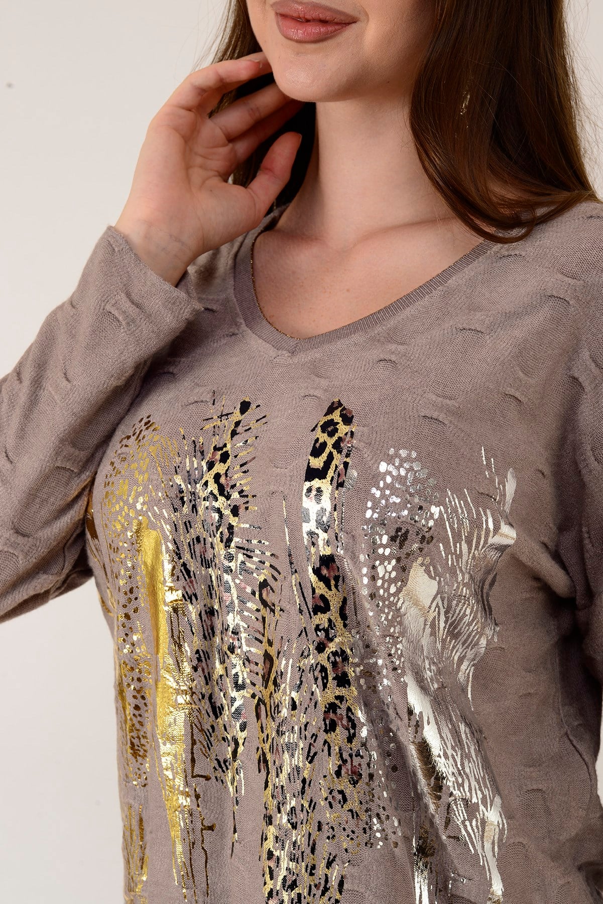 12911 YALDIZLI LEOPAR DESEN TRİKO BLUZ