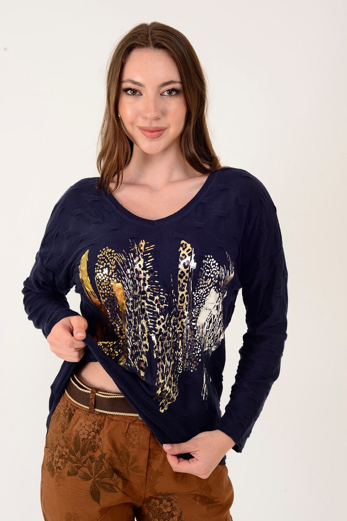 12911 YALDIZLI LEOPAR DESEN TRİKO BLUZ
