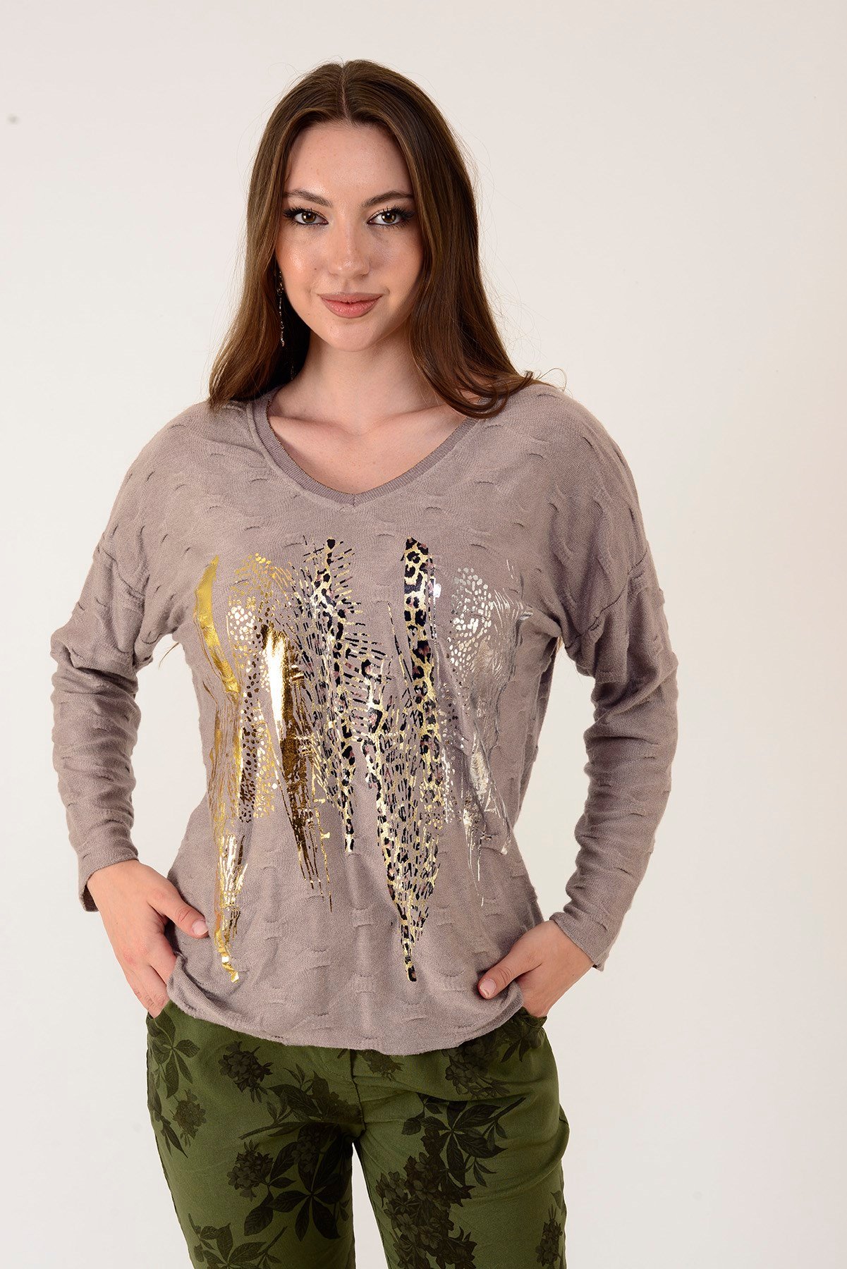 12911 YALDIZLI LEOPAR DESEN TRİKO BLUZ