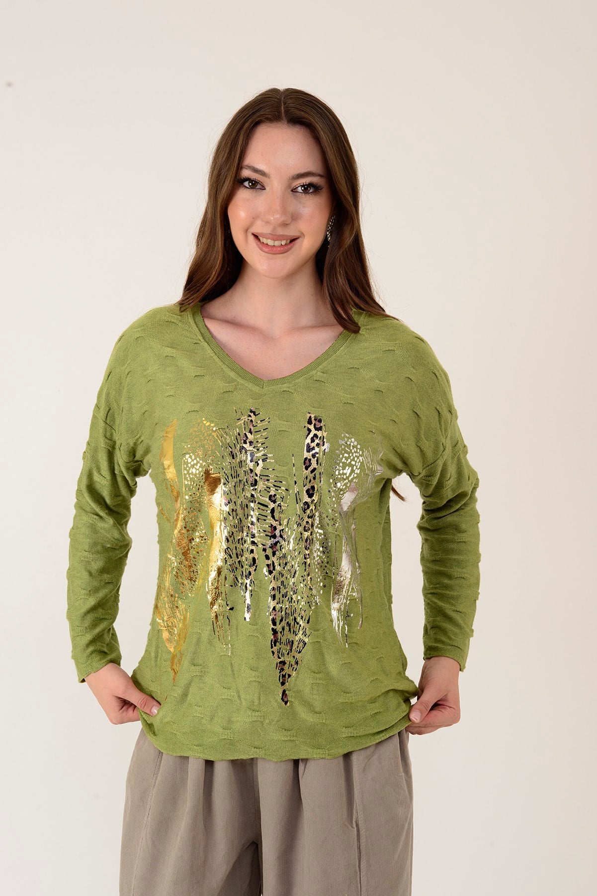12911 YALDIZLI LEOPAR DESEN TRİKO BLUZ