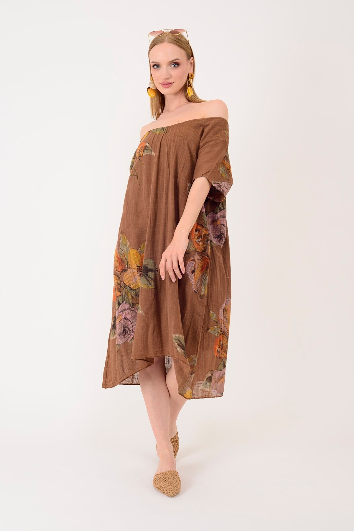12957 SPRING ÇİÇEK DESEN KISA KOLLU KISA ELBİSE