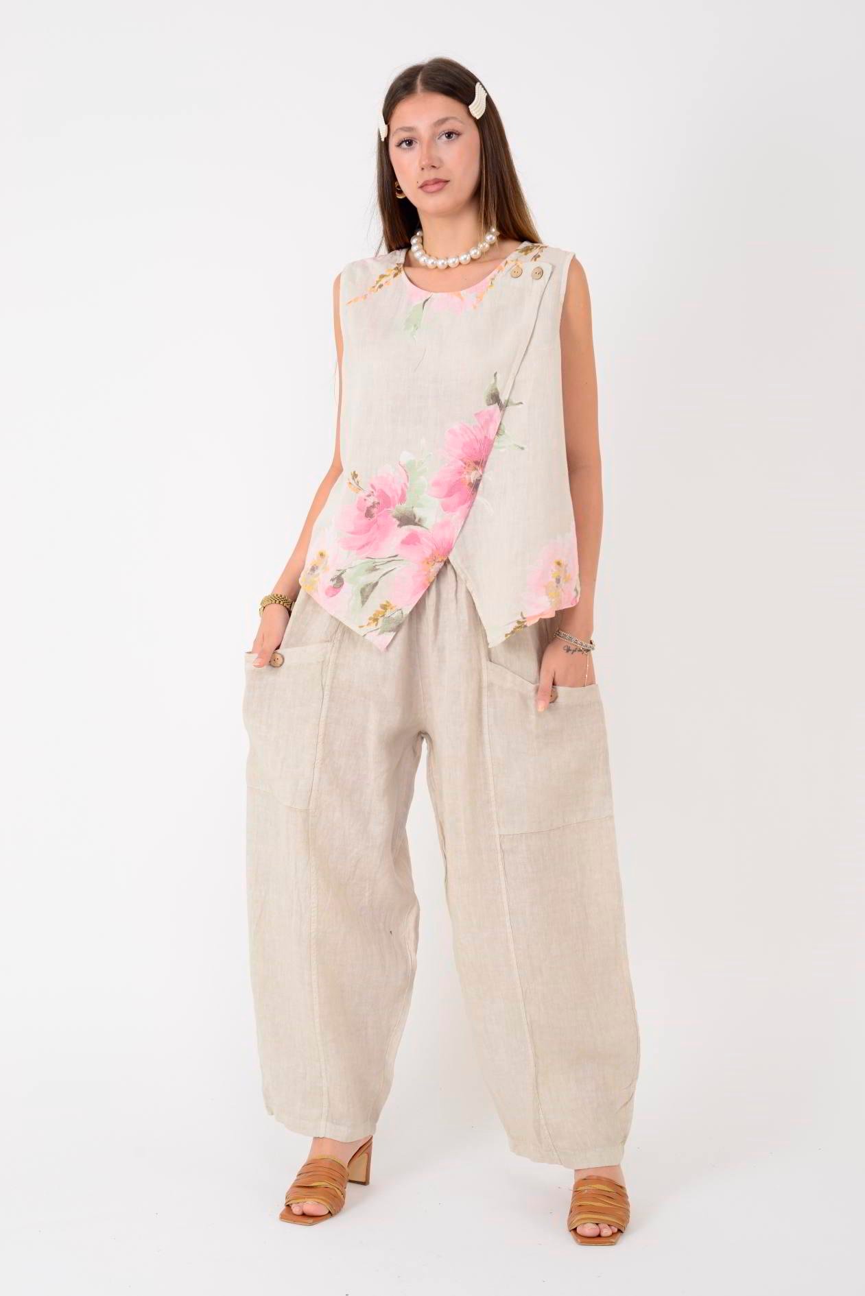 13227 DÜĞMELİ CEP DETAYLI LASTİKLİ KETEN PANTOLON