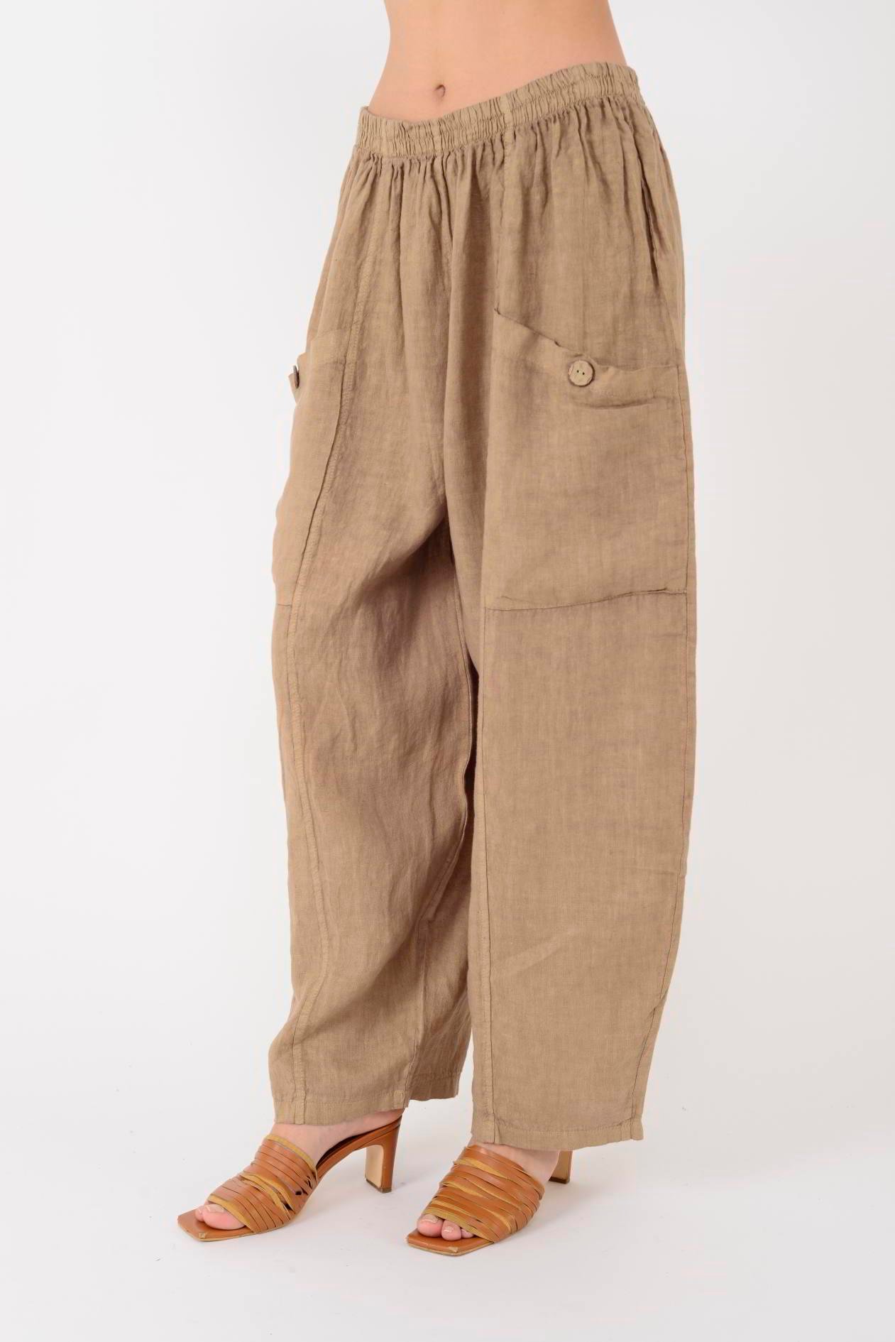 13227 DÜĞMELİ CEP DETAYLI LASTİKLİ KETEN PANTOLON