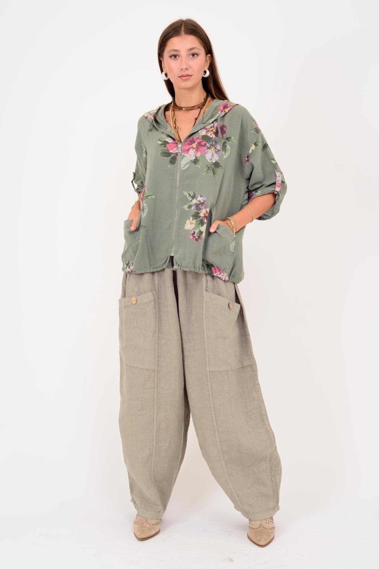 13227 DÜĞMELİ CEP DETAYLI LASTİKLİ KETEN PANTOLON