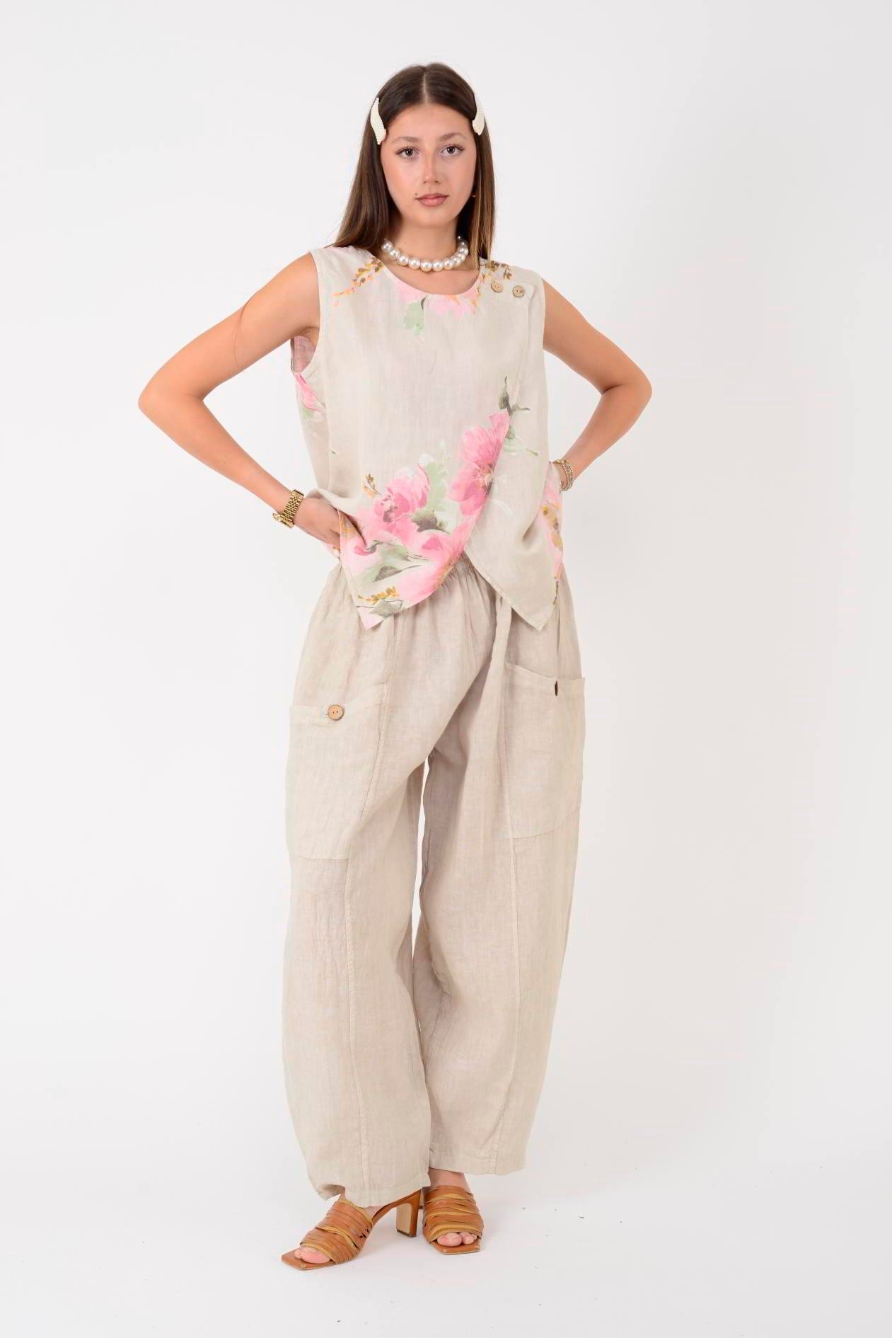 13227 DÜĞMELİ CEP DETAYLI LASTİKLİ KETEN PANTOLON