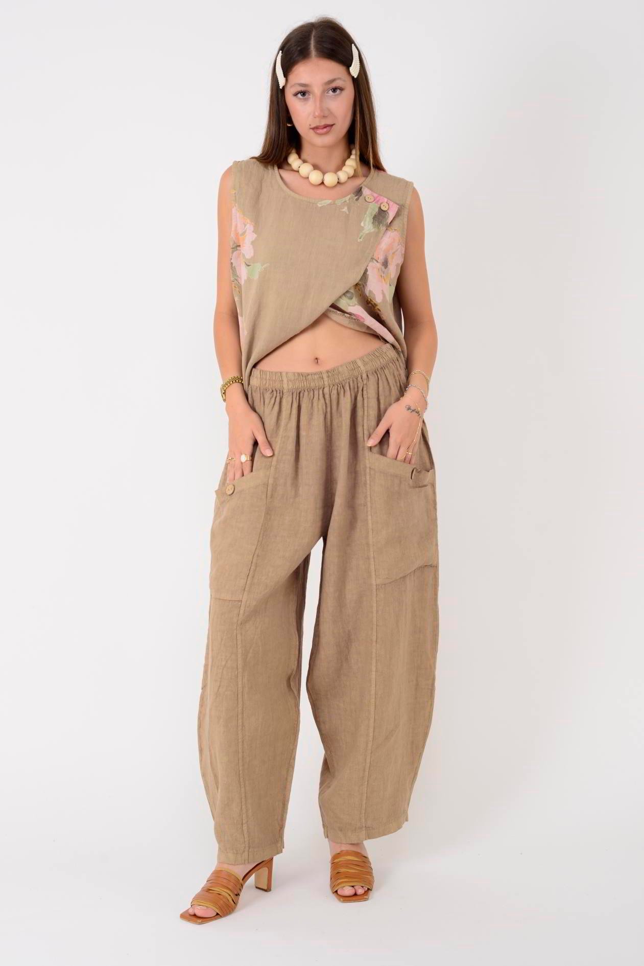 13227 DÜĞMELİ CEP DETAYLI LASTİKLİ KETEN PANTOLON