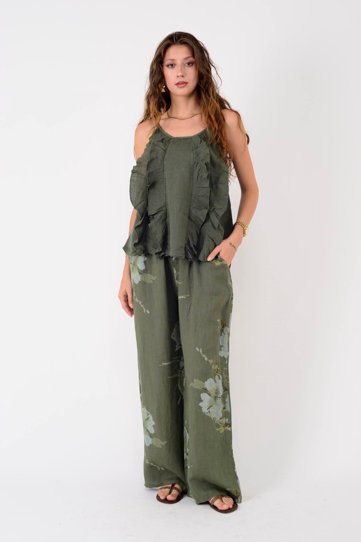 14300 BATİK ÇİÇEK DESEN PALAZZO KETEN PANTOLON