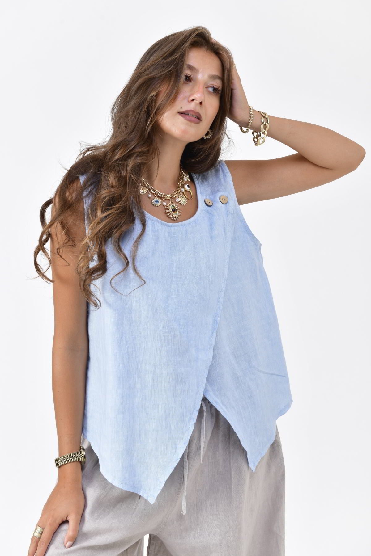 149281 ASİMETRİK KOLSUZ KETEN BLUZ