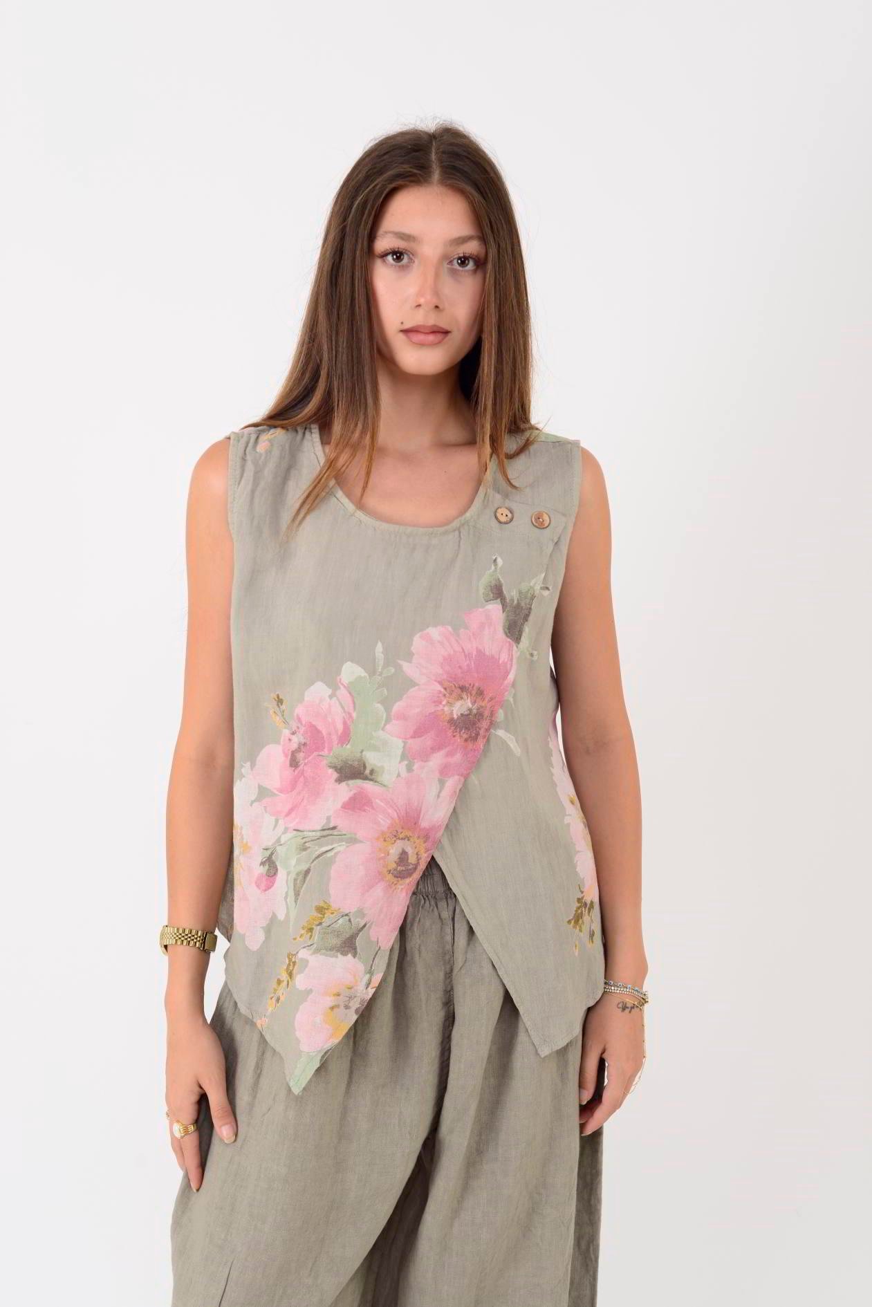 149281 BATİK ÇİÇEK DESEN ASİMETRİK KOLSUZ KETEN BLUZ