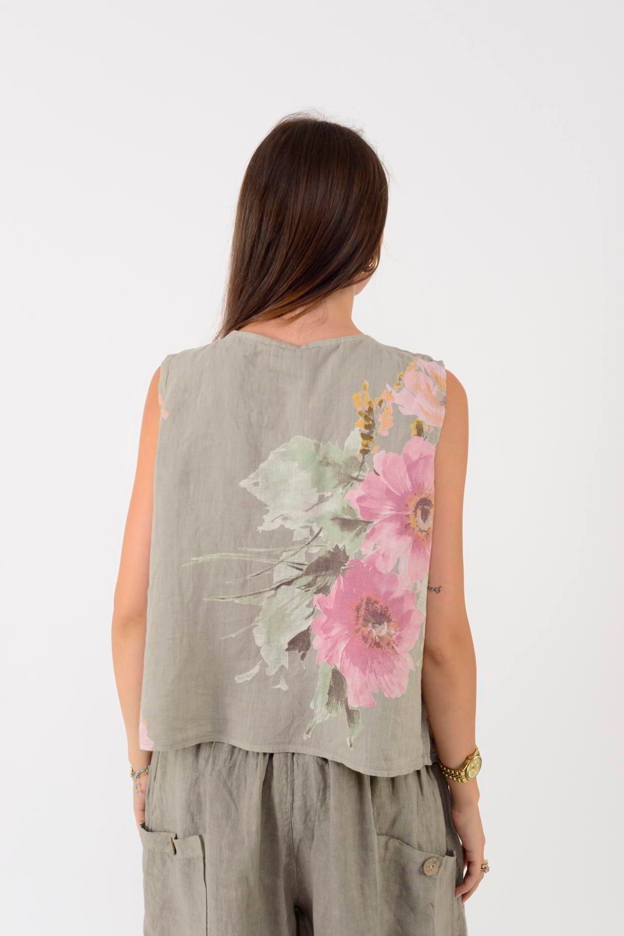 149281 BATİK ÇİÇEK DESEN ASİMETRİK KOLSUZ KETEN BLUZ