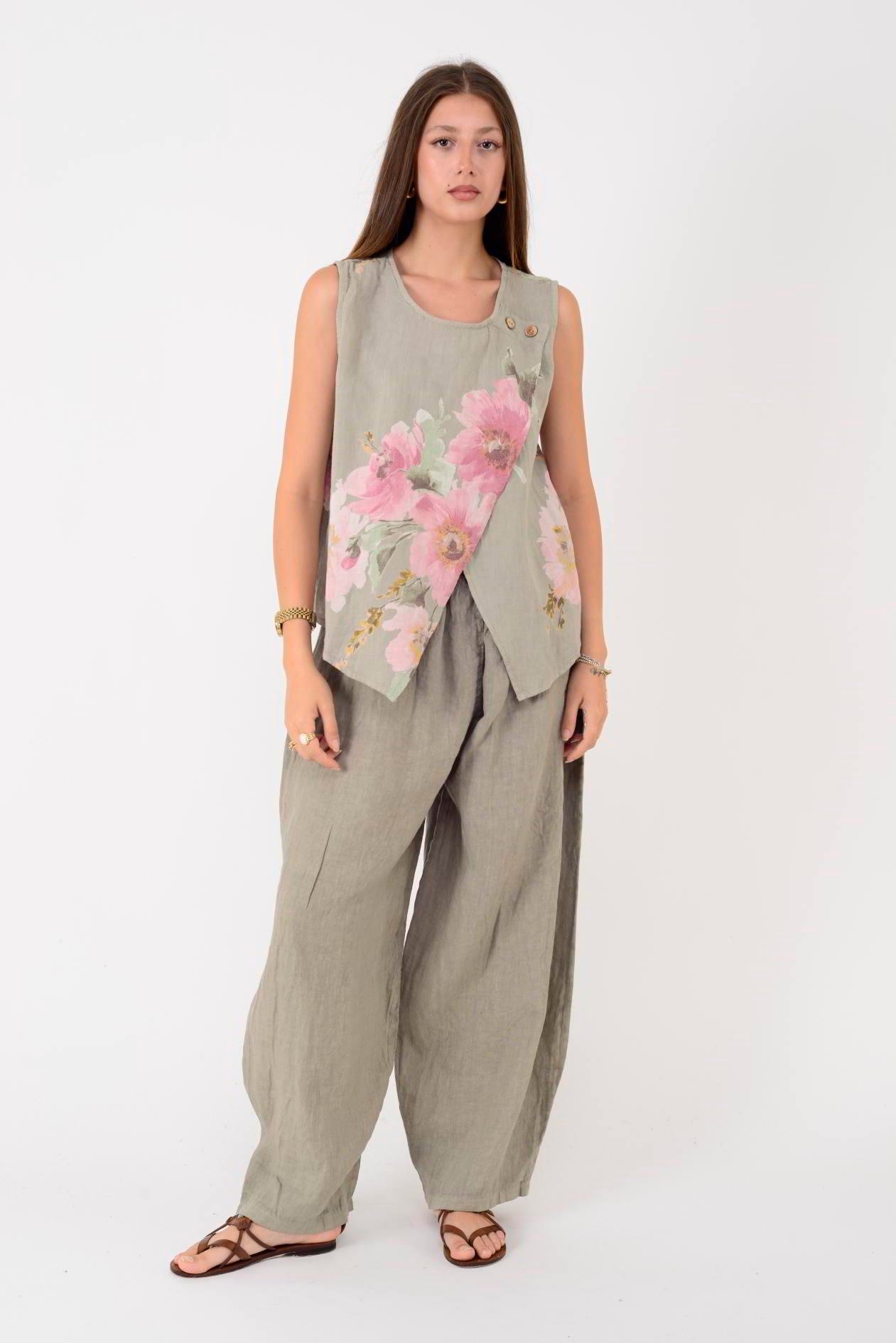 149281 BATİK ÇİÇEK DESEN ASİMETRİK KOLSUZ KETEN BLUZ