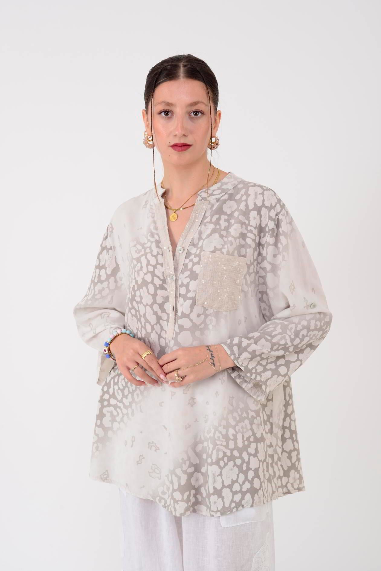 15451-16 PAYET DETAYLI LEOPAR DESEN GÖMLEK