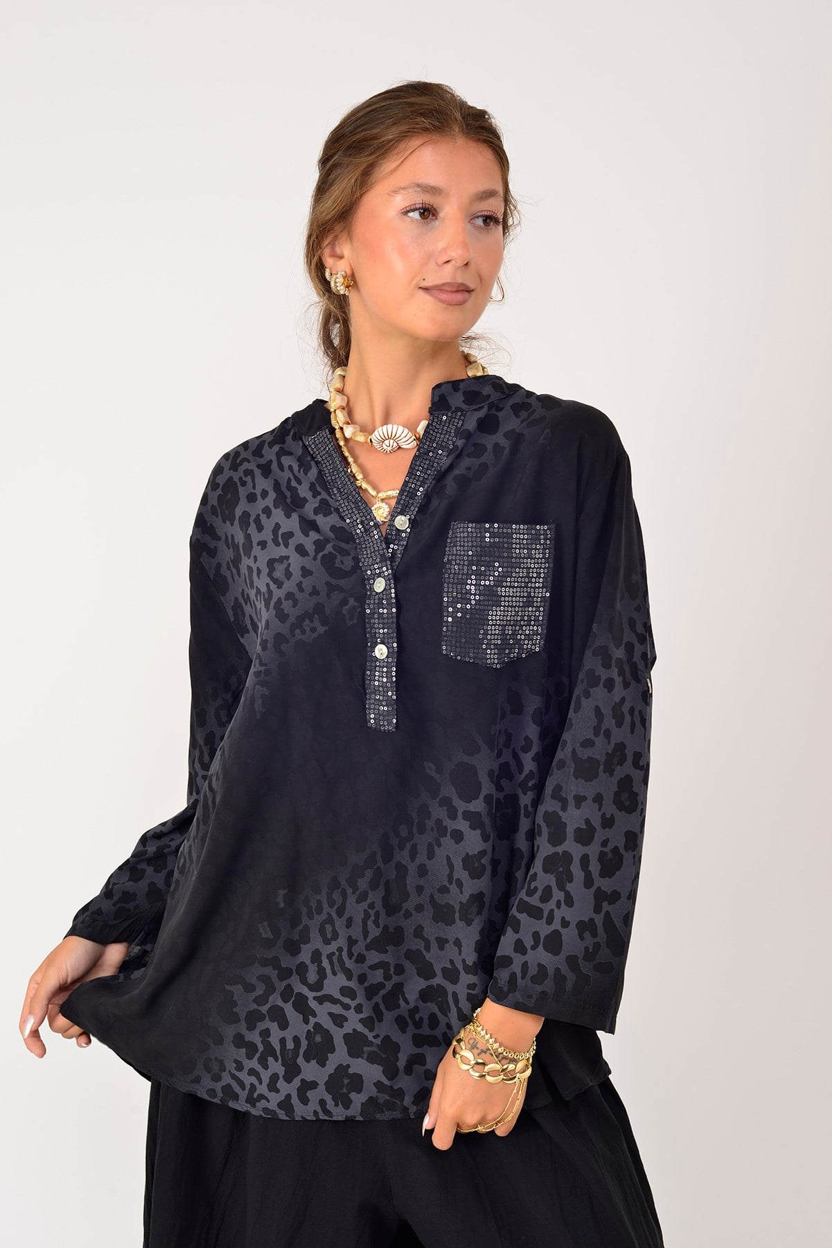 15451-16 PAYET DETAYLI LEOPAR DESEN GÖMLEK