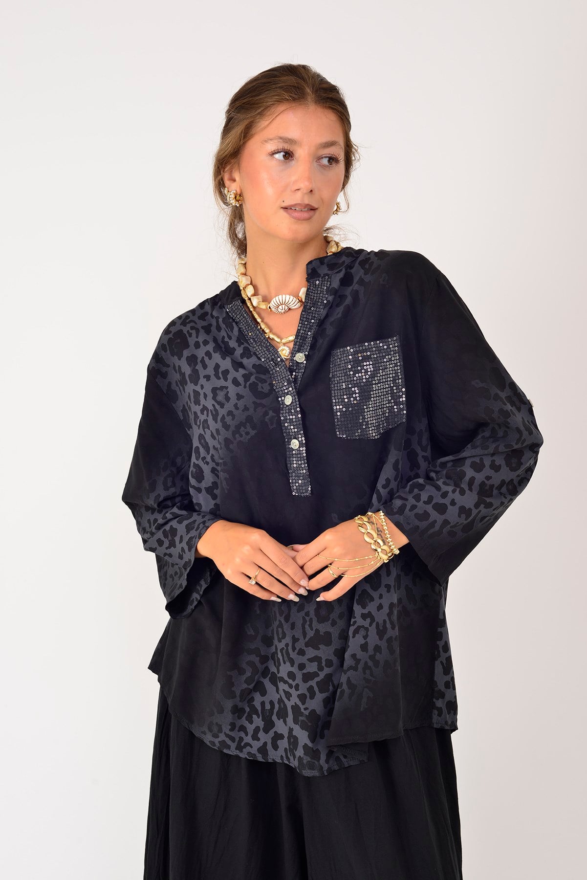 15451-16 PAYET DETAYLI LEOPAR DESEN GÖMLEK
