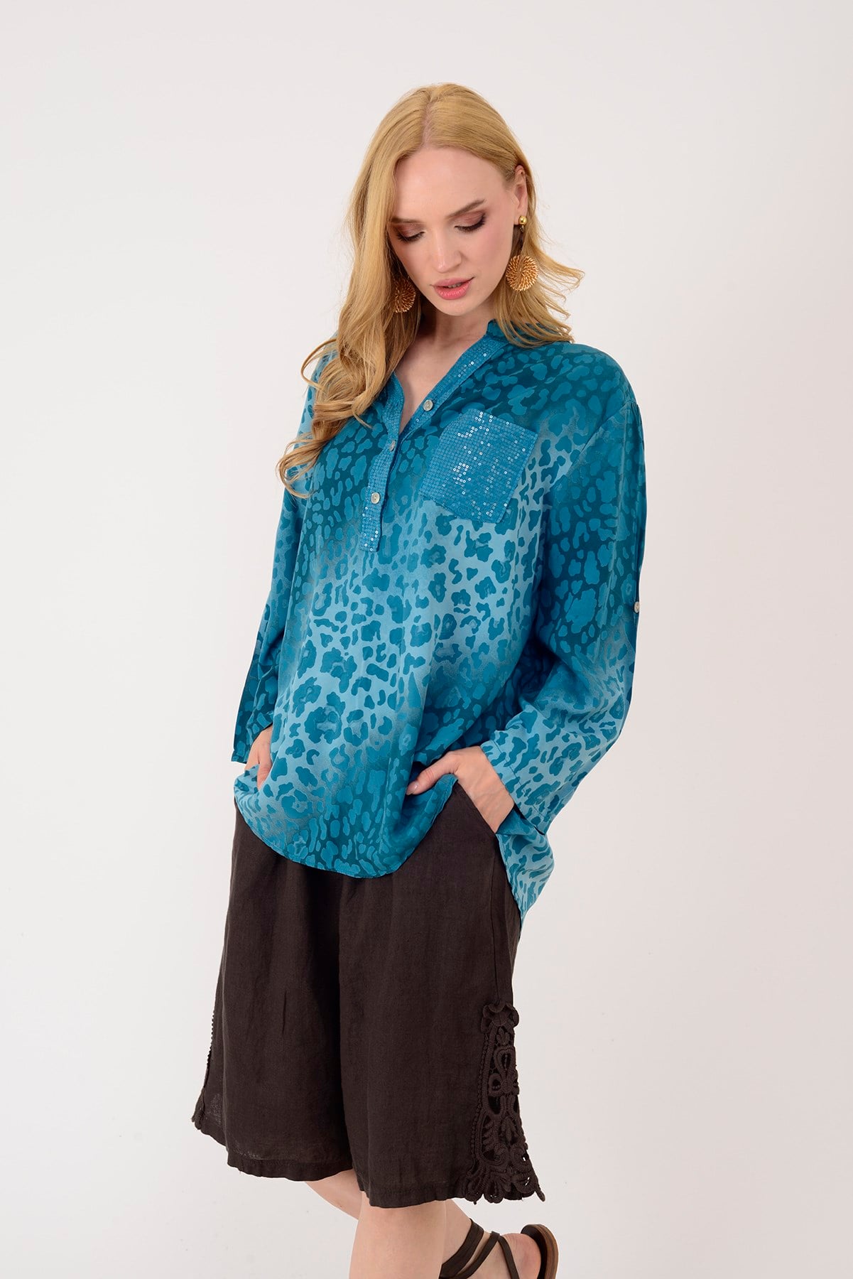 15451-16 PAYET DETAYLI LEOPAR DESEN GÖMLEK