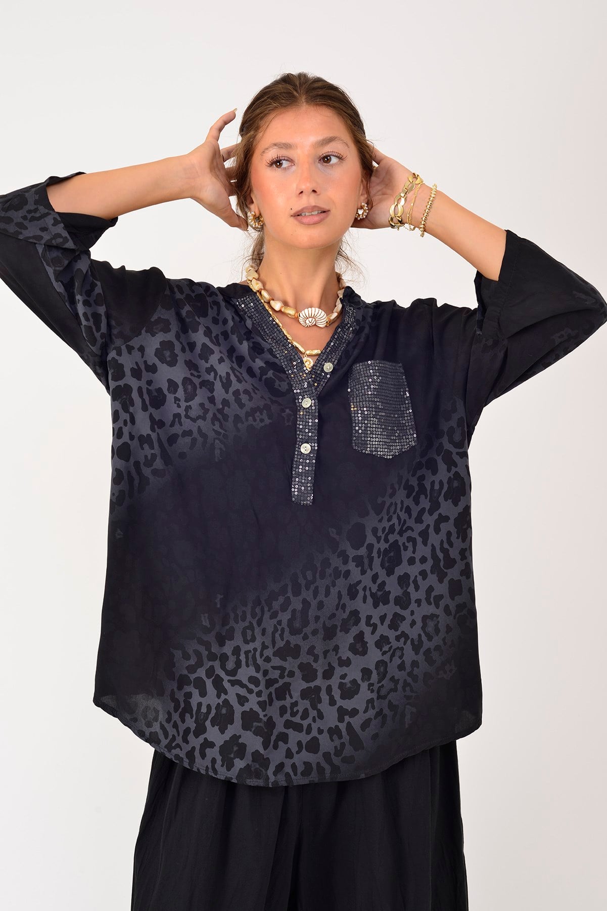 15451-16 PAYET DETAYLI LEOPAR DESEN GÖMLEK
