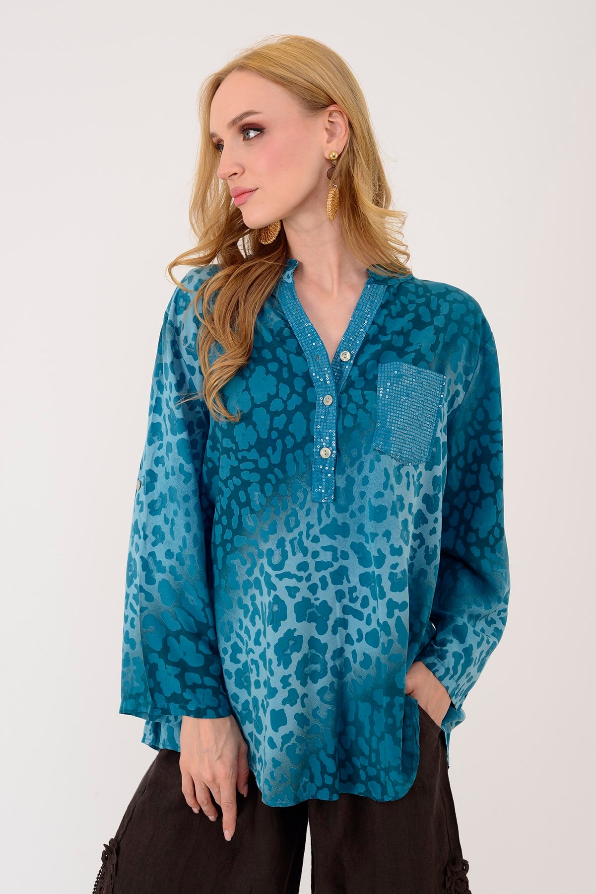15451-16 PAYET DETAYLI LEOPAR DESEN GÖMLEK
