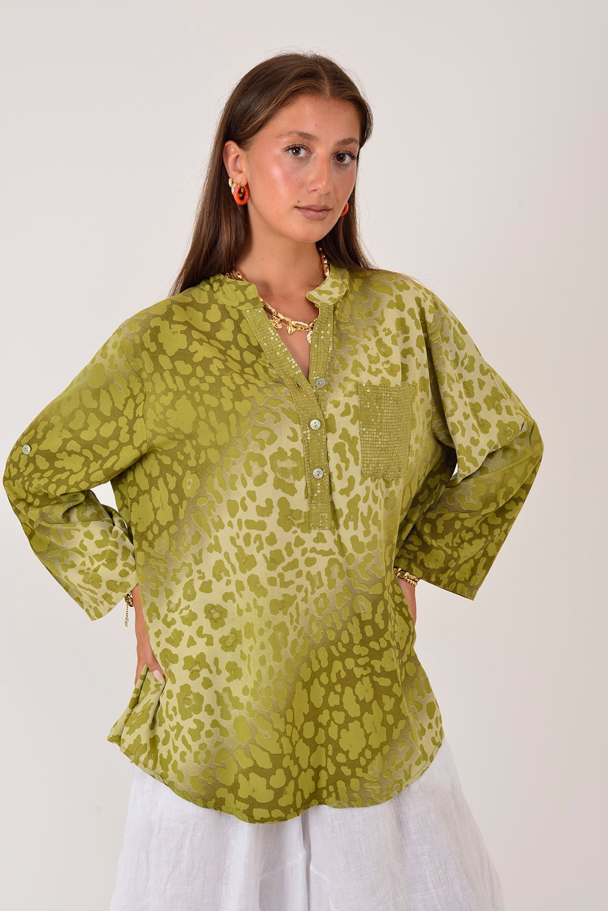 15451-16 PAYET DETAYLI LEOPAR DESEN GÖMLEK