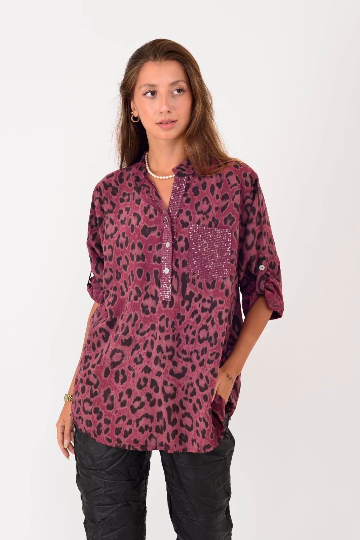 15451-23 LEOPAR DESEN PAYET DETAYLI ÜÇ DÜĞMELİ GÖMLEK