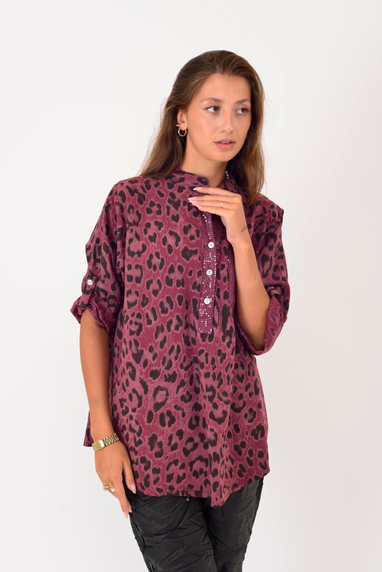 15451-23 LEOPAR DESEN PAYET DETAYLI ÜÇ DÜĞMELİ GÖMLEK